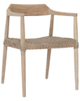 Wooden dining chair with natural rope woven seat and curved backrest, showcasing artisanal craftsmanship and rustic elegance.