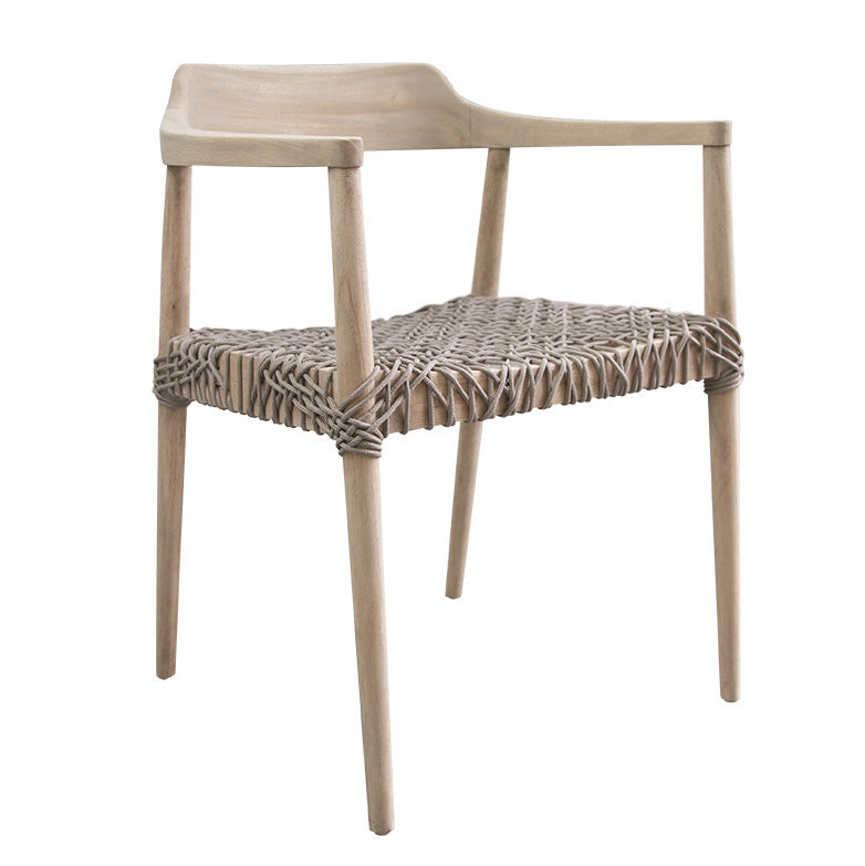 Wooden dining chair with natural rope woven seat and curved backrest, showcasing artisanal craftsmanship and rustic elegance.