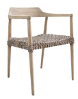 Wooden dining chair with natural rope woven seat and curved backrest, showcasing artisanal craftsmanship and rustic elegance.