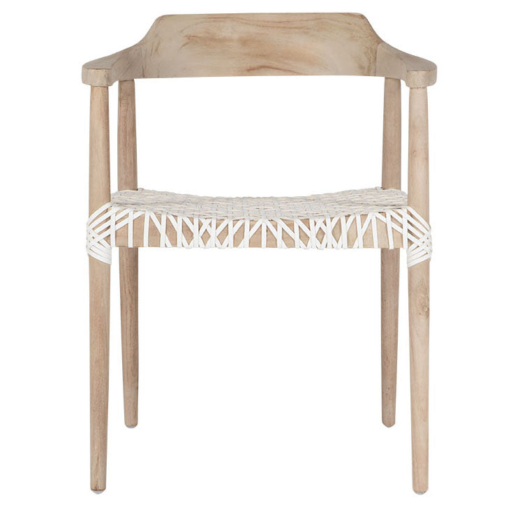 Wooden dining chair with leather woven seat and curved backrest, showcasing artisanal craftsmanship and rustic elegance