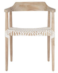 Wooden dining chair with leather woven seat and curved backrest, showcasing artisanal craftsmanship and rustic elegance