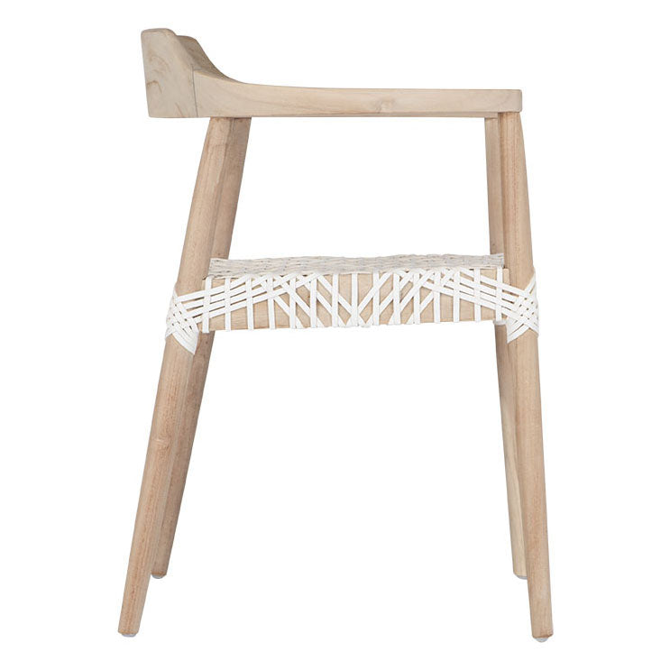 Wooden dining chair with leather woven seat and curved backrest, showcasing artisanal craftsmanship and rustic elegance