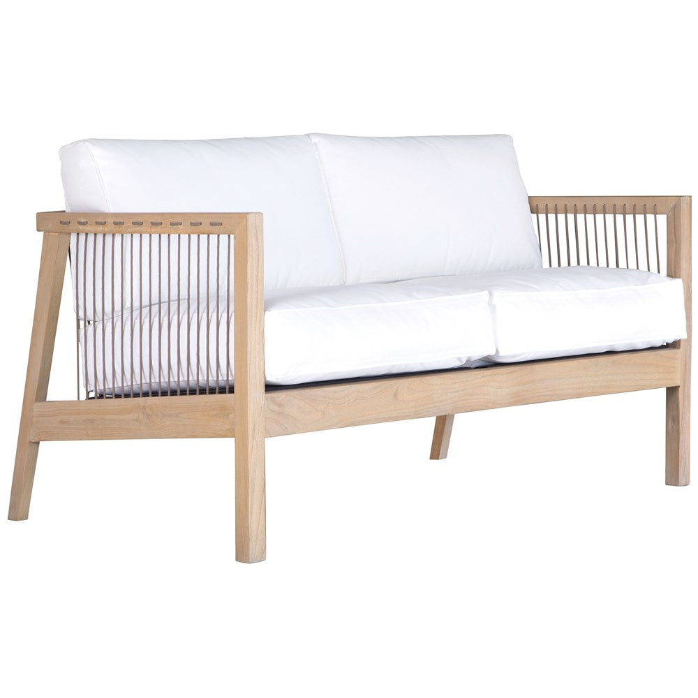 Wooden two seater sofa with white cushions and sleek spindle detailing, perfect for modern coastal and relaxed living spaces