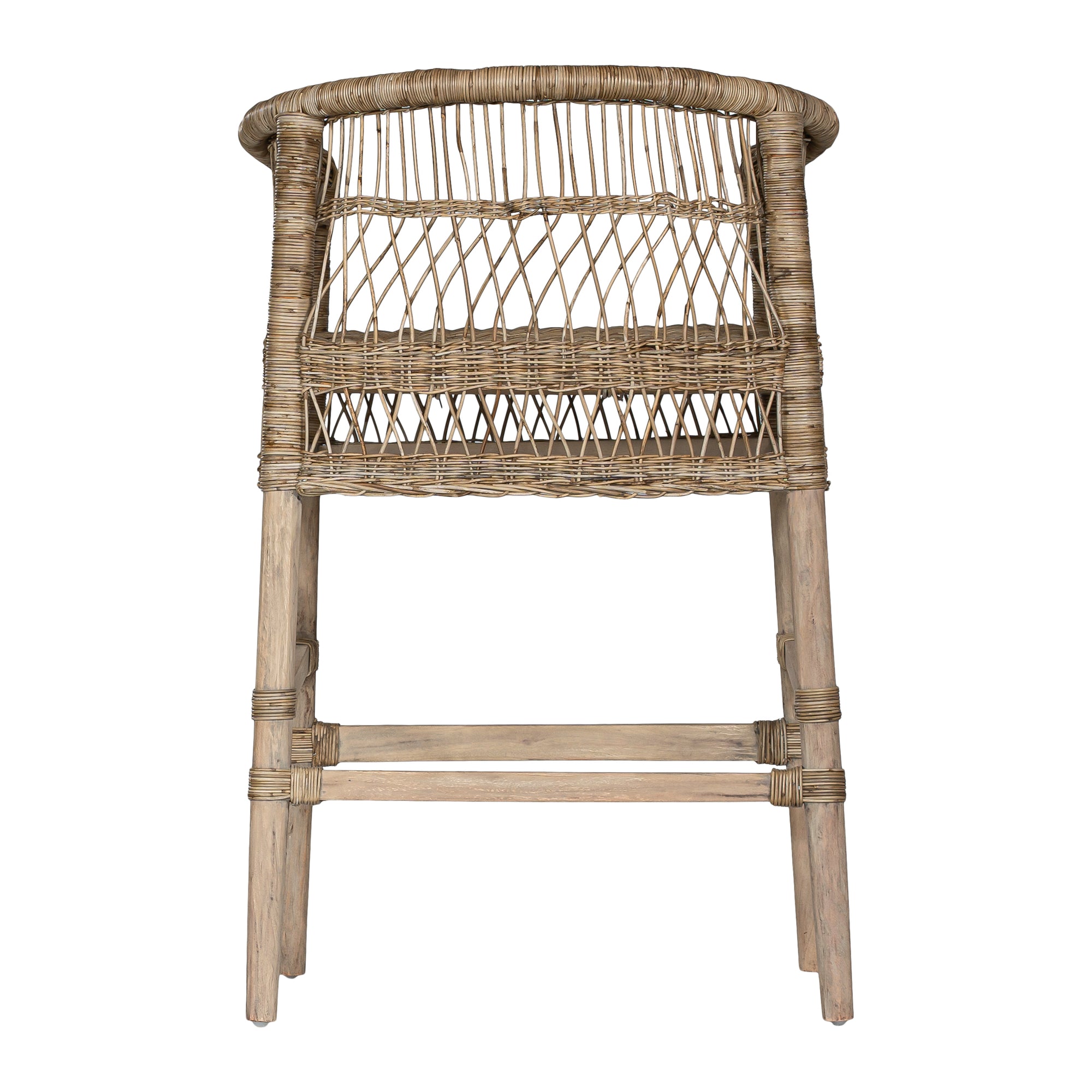 A handcrafted woven rattan bar stool with a natural timber frame, featuring an intricate open-weave design and a curved backrest for stylish comfort