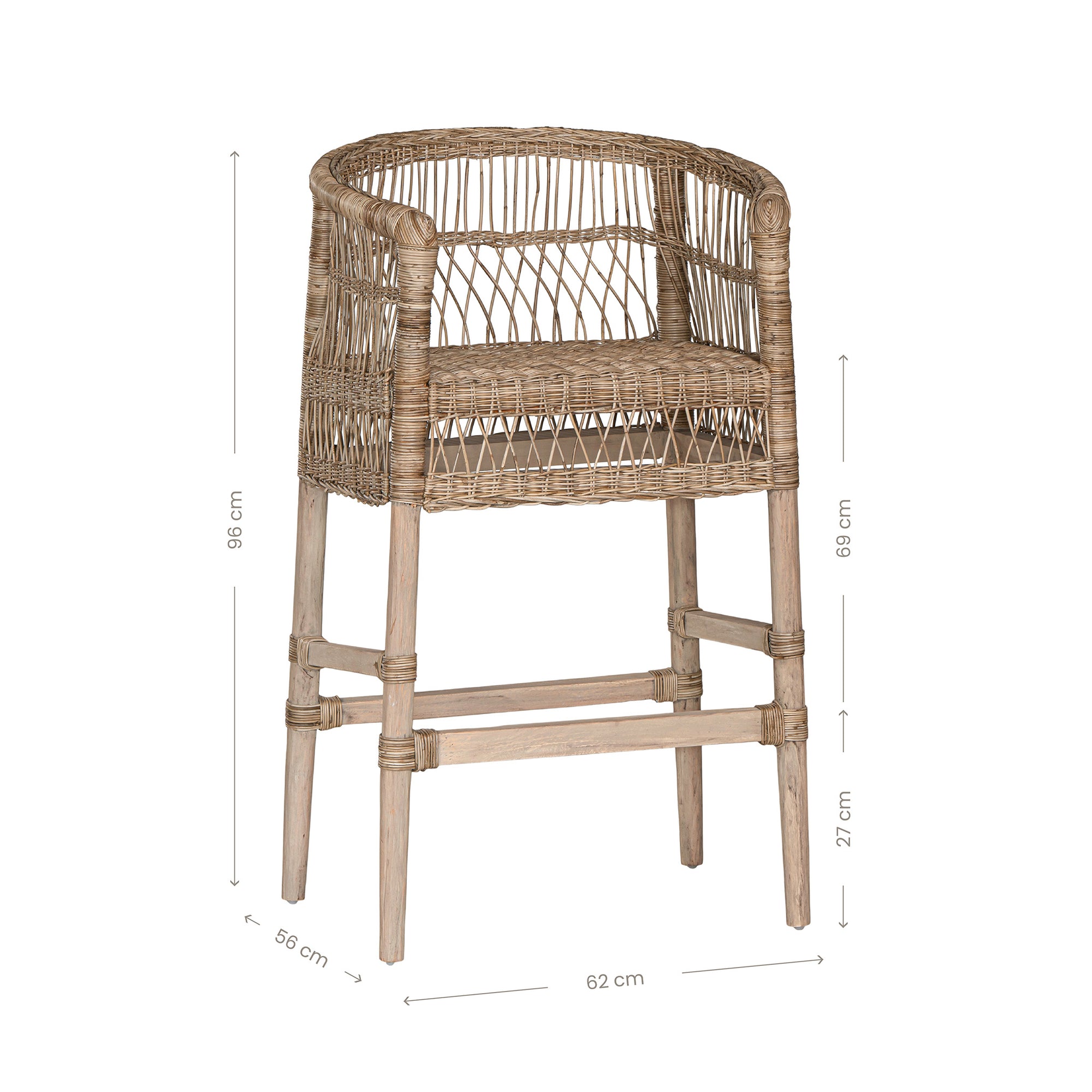 A handcrafted woven rattan bar stool with a natural timber frame, featuring an intricate open-weave design and a curved backrest for stylish comfort