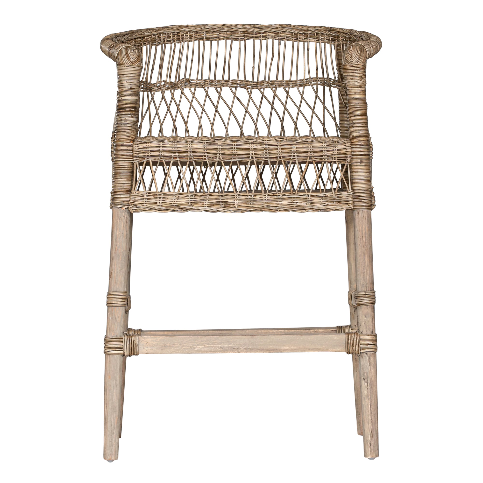 A handcrafted woven rattan bar stool with a natural timber frame, featuring an intricate open-weave design and a curved backrest for stylish comfort