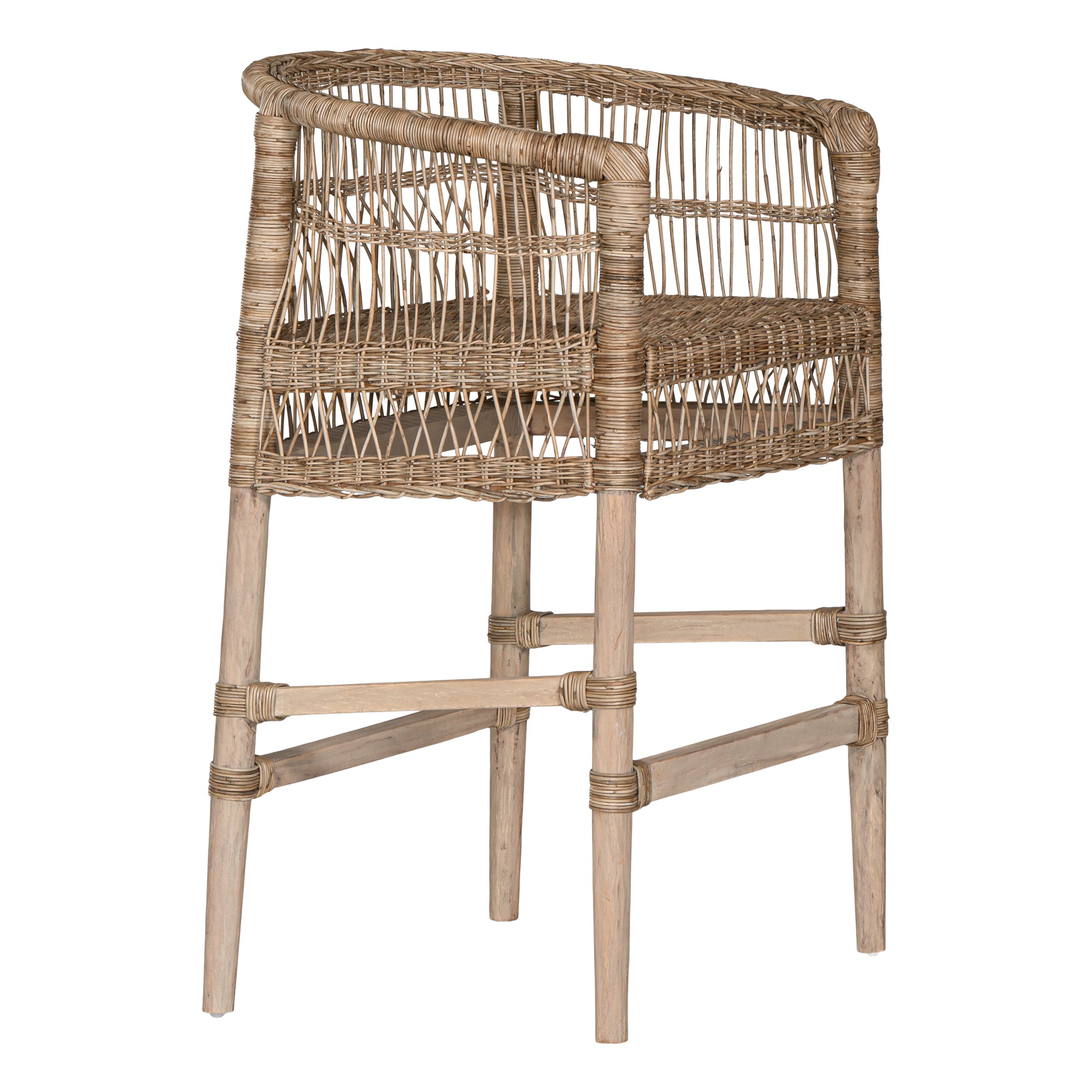 A handcrafted woven rattan bar stool with a natural timber frame, featuring an intricate open-weave design and a curved backrest for stylish comfort