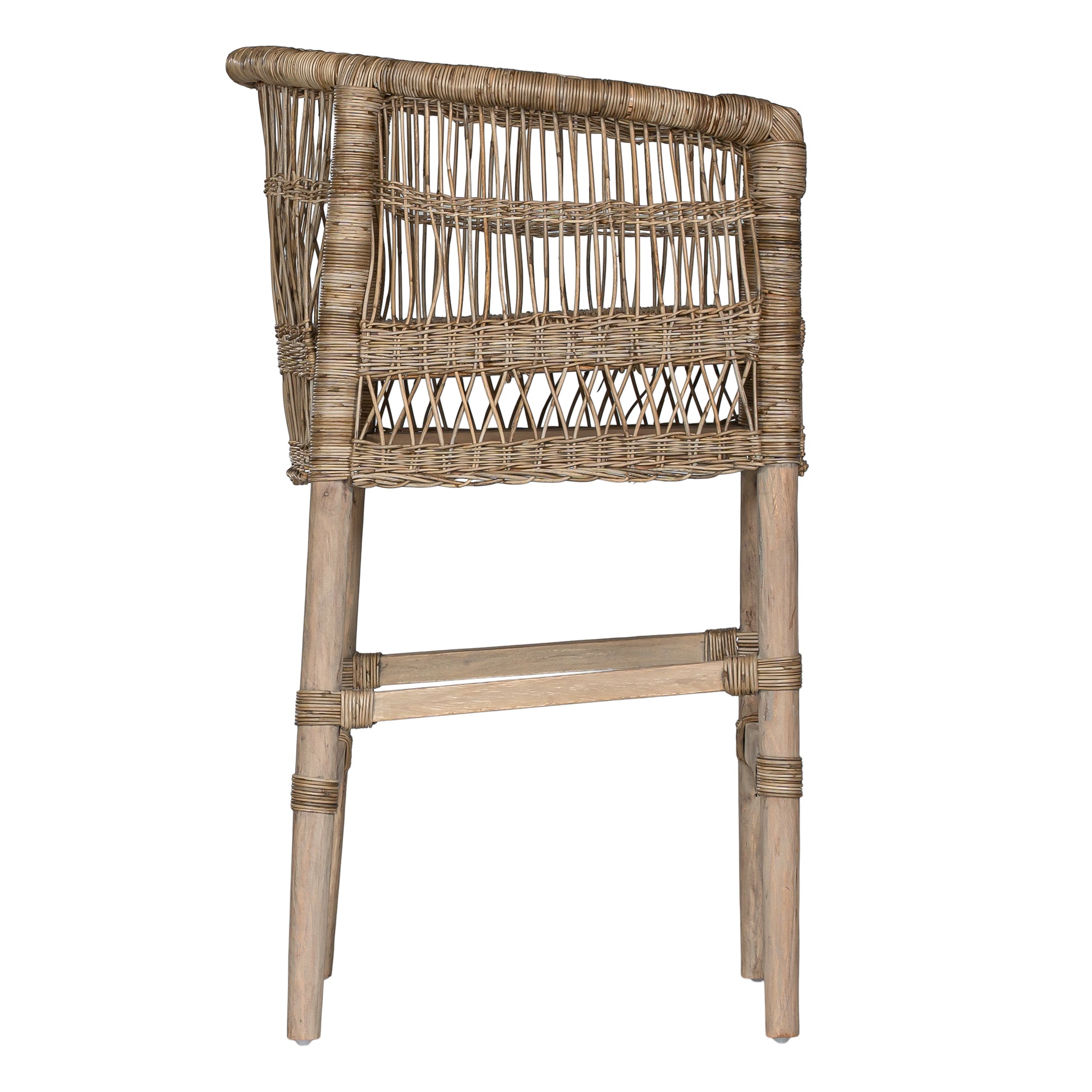 A handcrafted woven rattan bar stool with a natural timber frame, featuring an intricate open-weave design and a curved backrest for stylish comfort