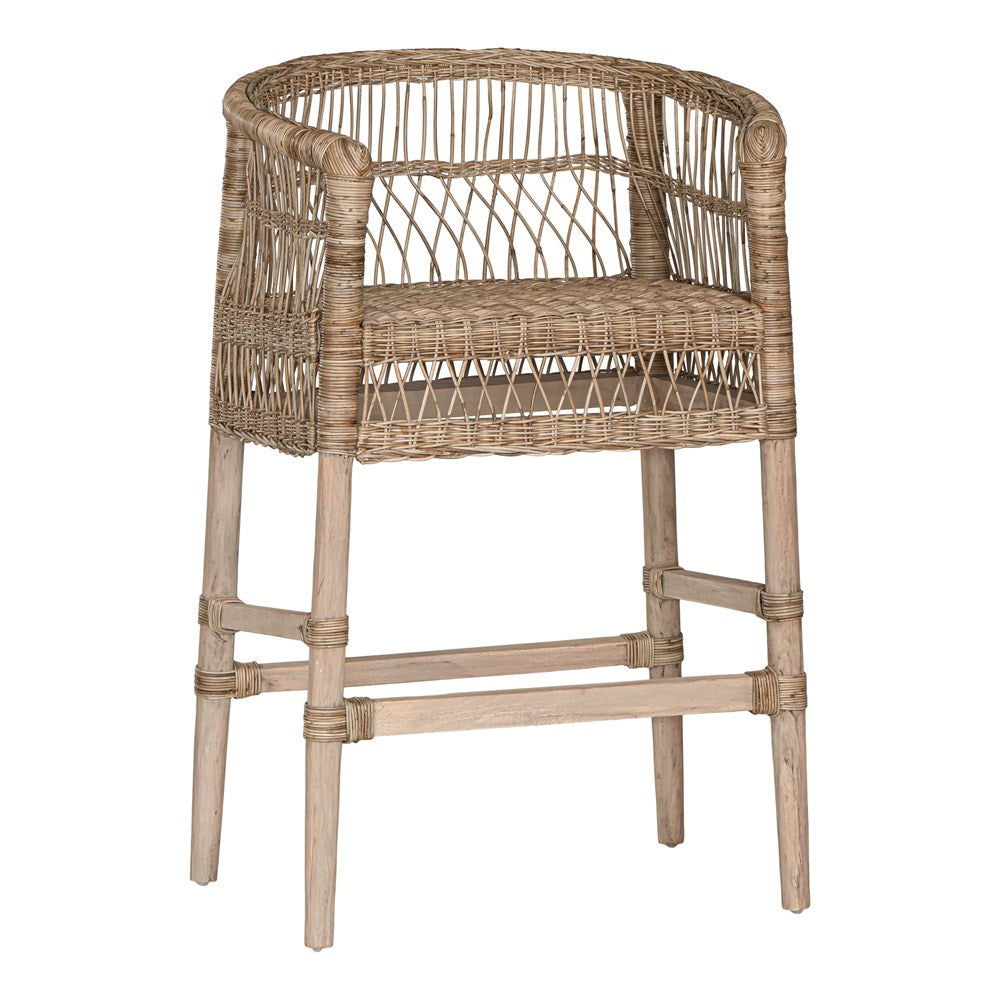 A handcrafted woven rattan bar stool with a natural timber frame, featuring an intricate open-weave design and a curved backrest for stylish comfort