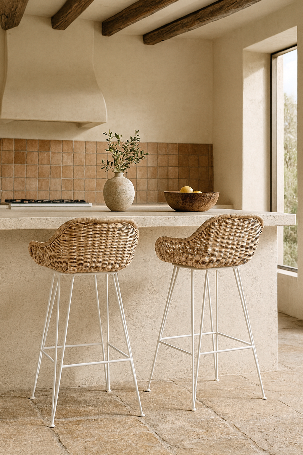 Pair of woven rattan barstools with white metal legs styled at a Mediterranean-inspired rendered kitchen island with natural light, rustic tiled splashback, and exposed timber beams.