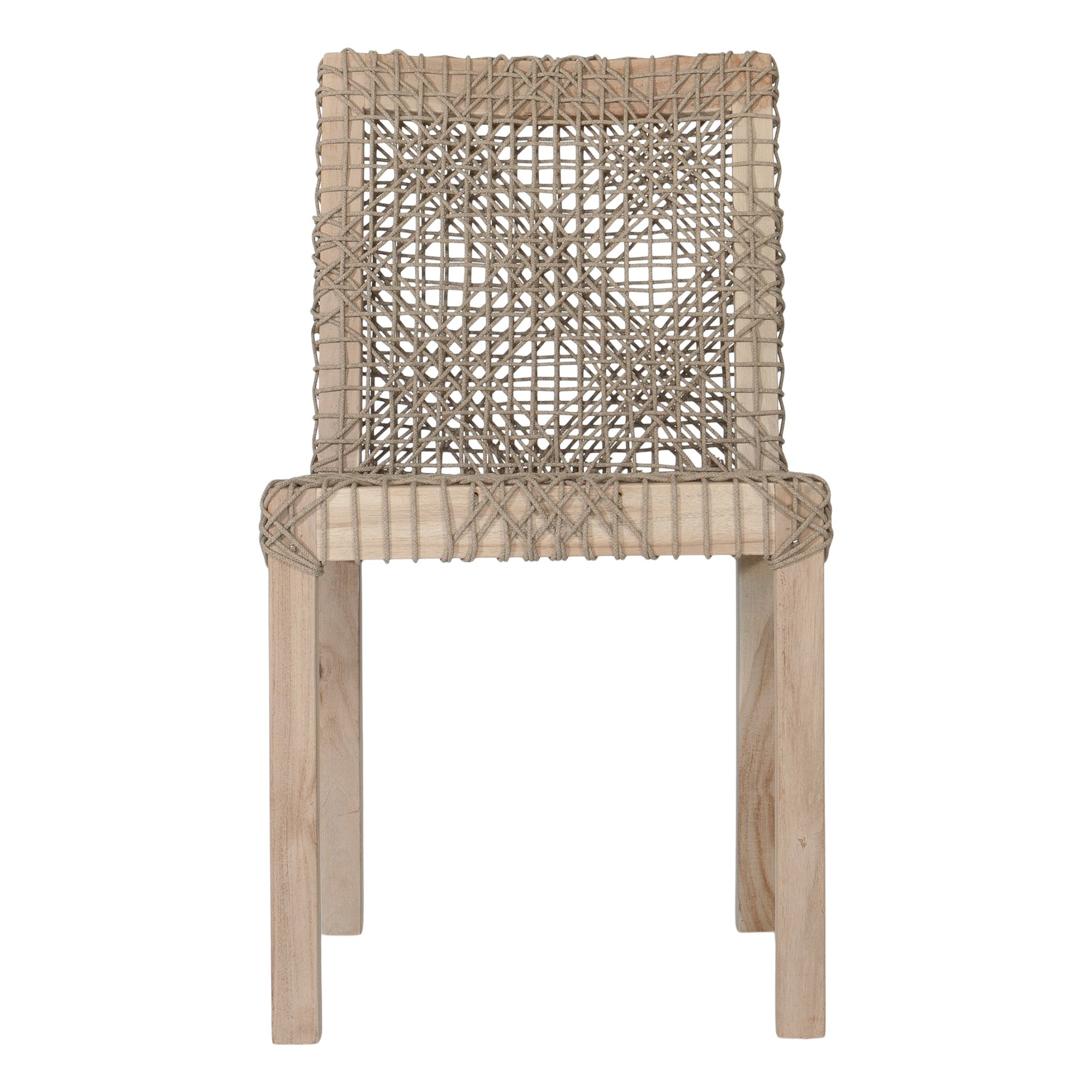 Woven rope dining hair with natural teak wood frame, showcasing intricate handwoven craftsmanship and earthy, relaxed style