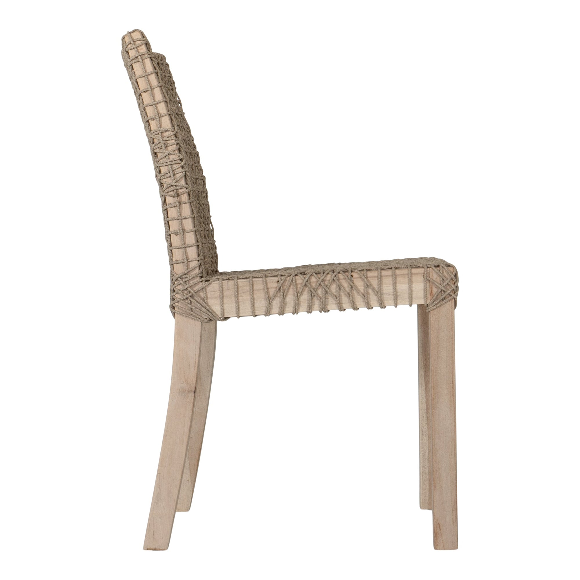 Woven rope dining hair with natural teak wood frame, showcasing intricate handwoven craftsmanship and earthy, relaxed style