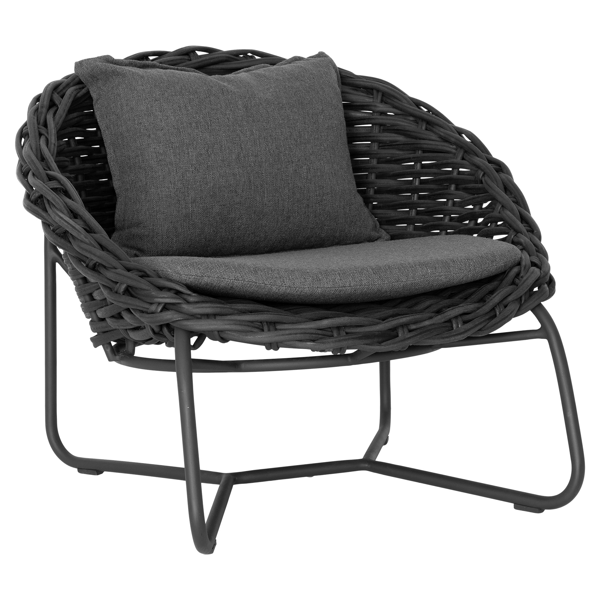 Round woven lounge chair in black with matching dark grey cushion, featuring a curved metal base for modern and stylish outdoor or indoor seating. Durable and comfortable design perfect for relaxed lounging