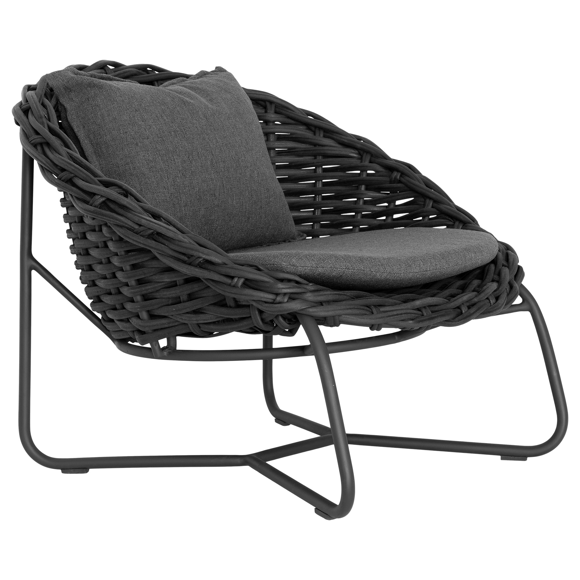 Round woven lounge chair in black with matching dark grey cushion, featuring a curved metal base for modern and stylish outdoor or indoor seating. Durable and comfortable design perfect for relaxed lounging