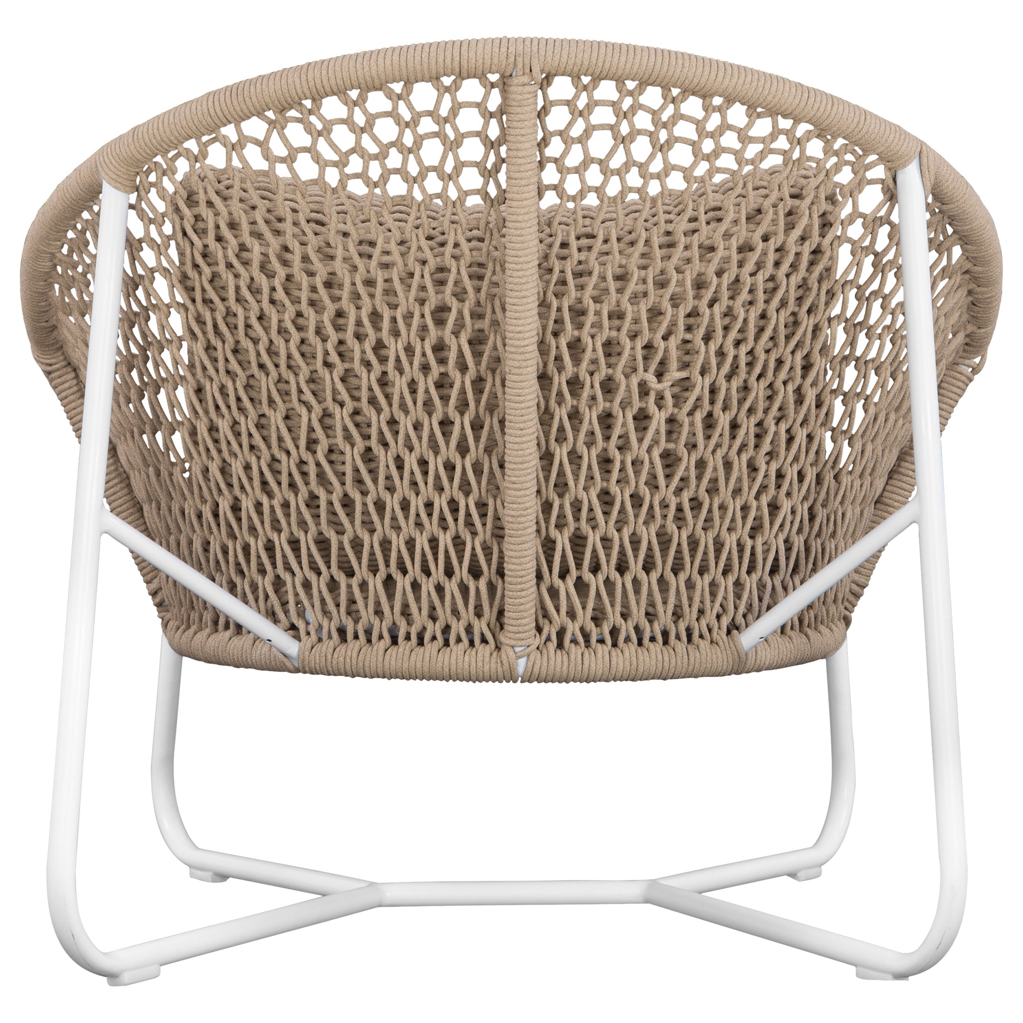 Round woven lounge chair in natural with matching natural cushion, featuring a curved metal base for modern and stylish outdoor or indoor seating. Durable and comfortable design perfect for relaxed lounging