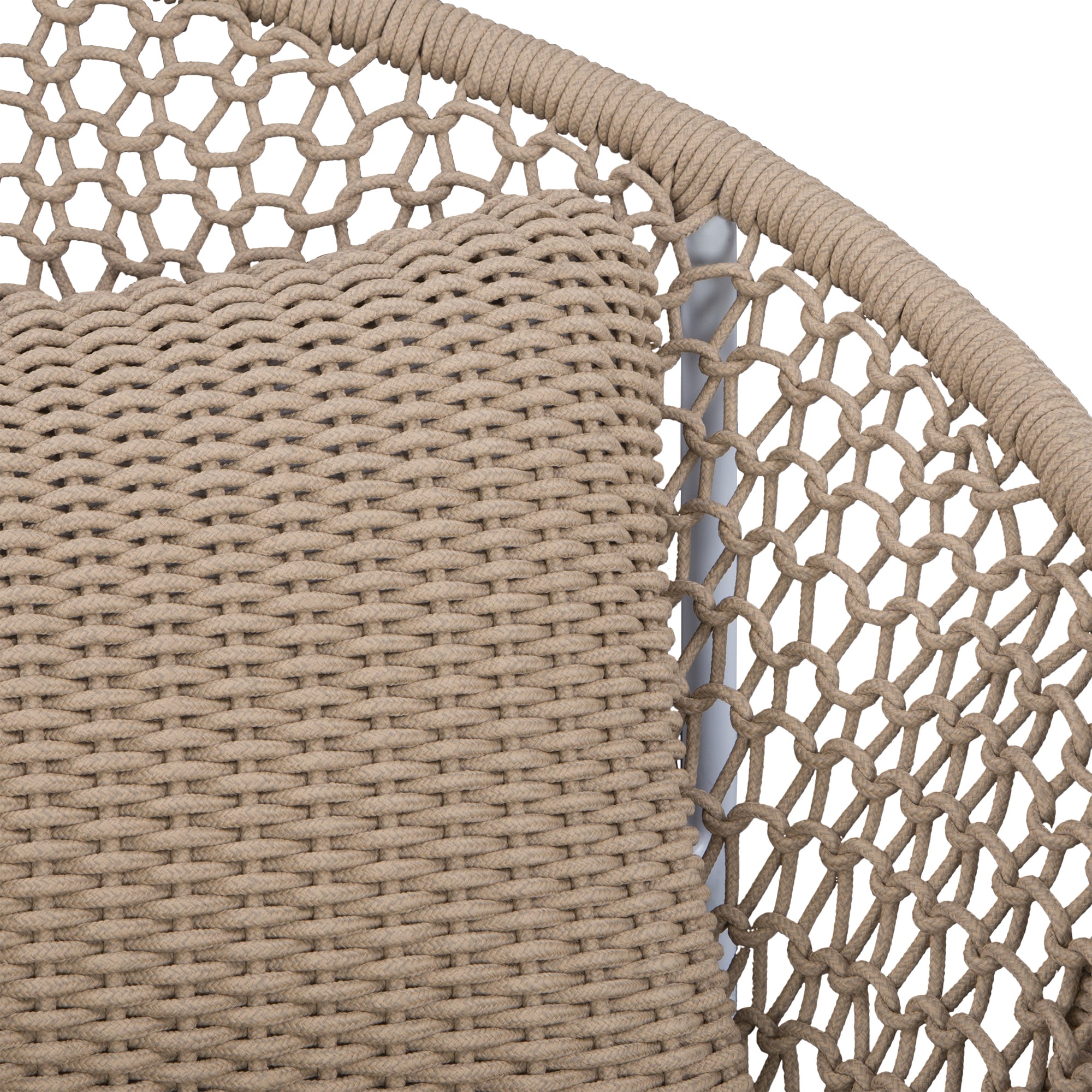 Round woven lounge chair in natural with matching natural cushion, featuring a curved metal base for modern and stylish outdoor or indoor seating. Durable and comfortable design perfect for relaxed lounging