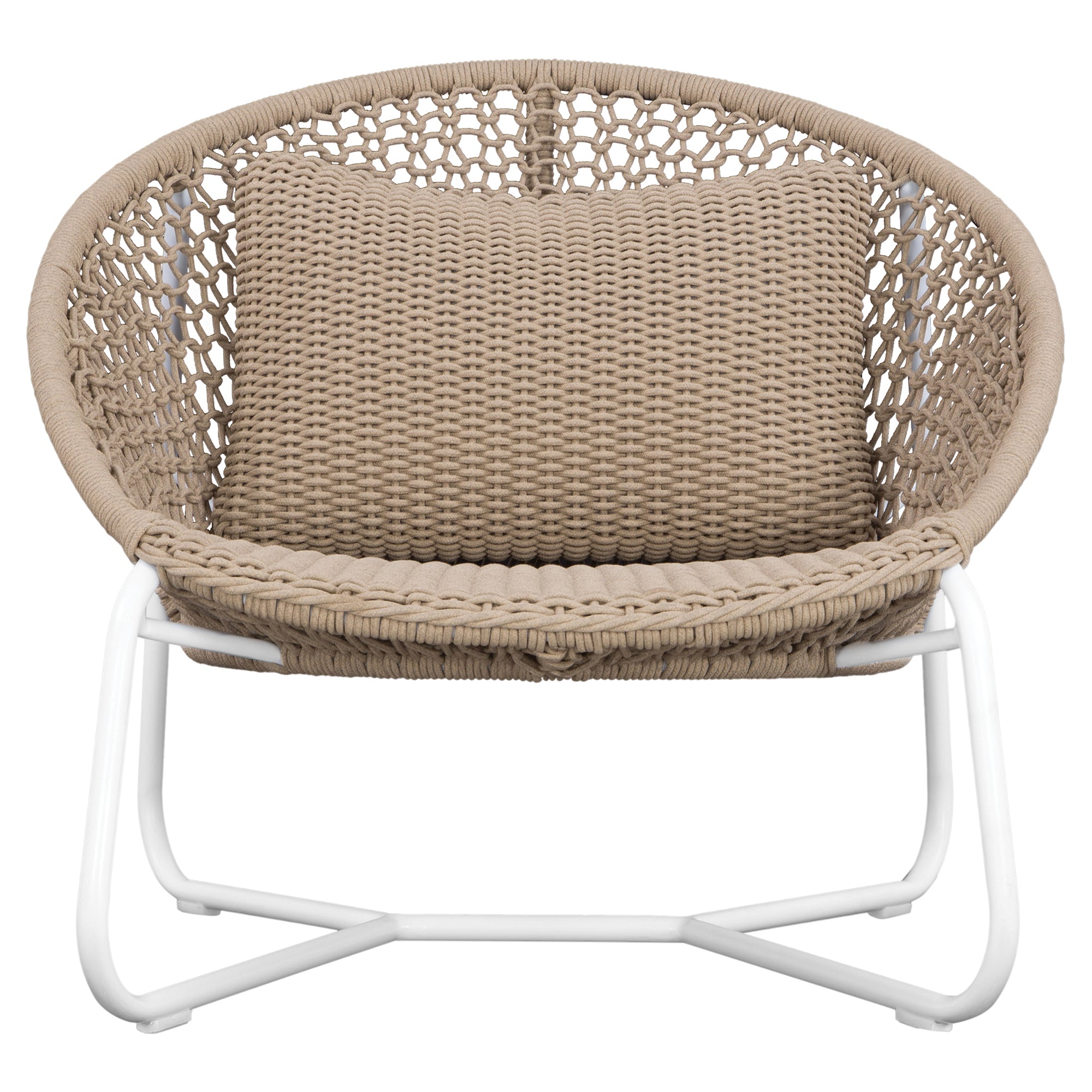Round woven lounge chair in natural with matching natural cushion, featuring a curved metal base for modern and stylish outdoor or indoor seating. Durable and comfortable design perfect for relaxed lounging