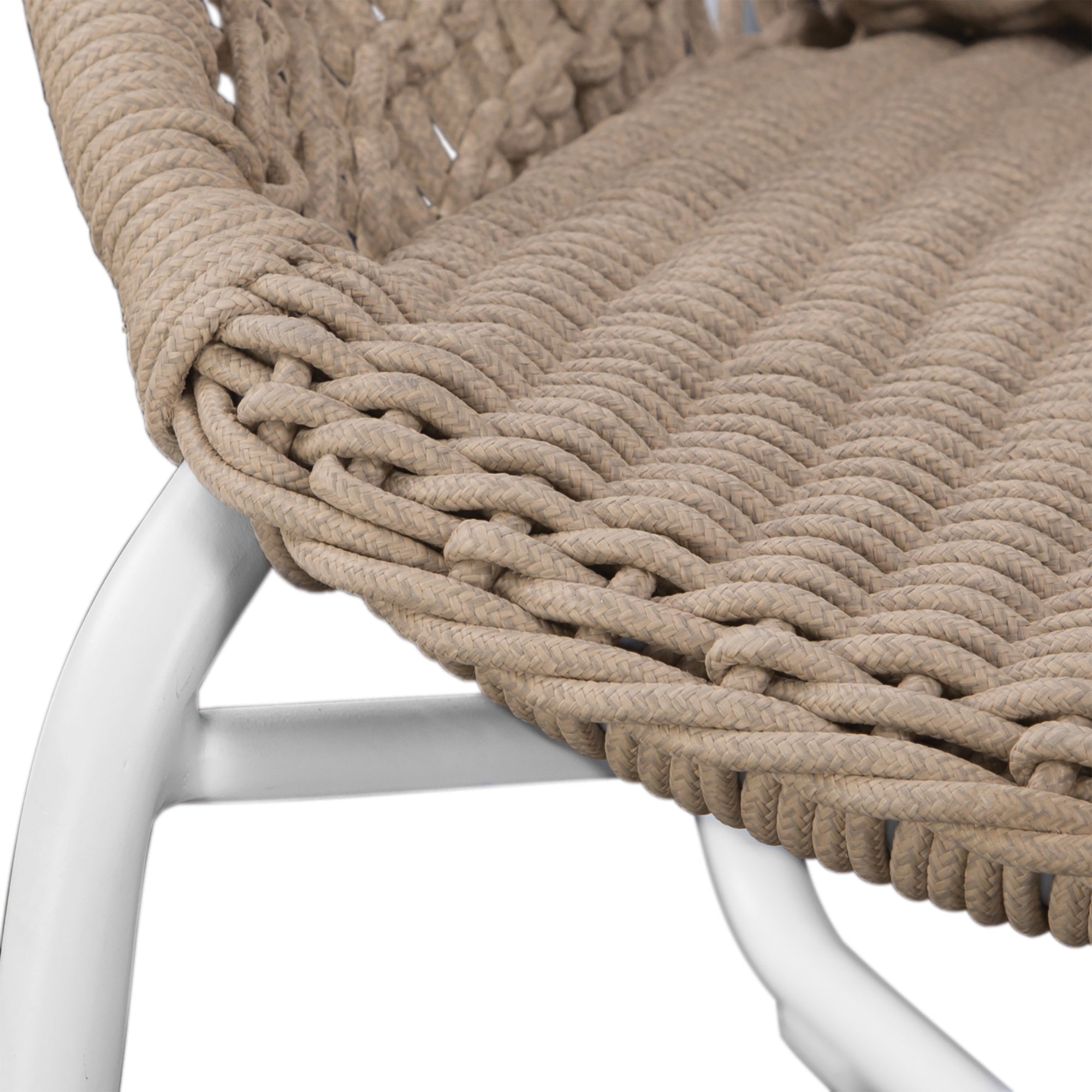 Round woven lounge chair in natural with matching natural cushion, featuring a curved metal base for modern and stylish outdoor or indoor seating. Durable and comfortable design perfect for relaxed lounging