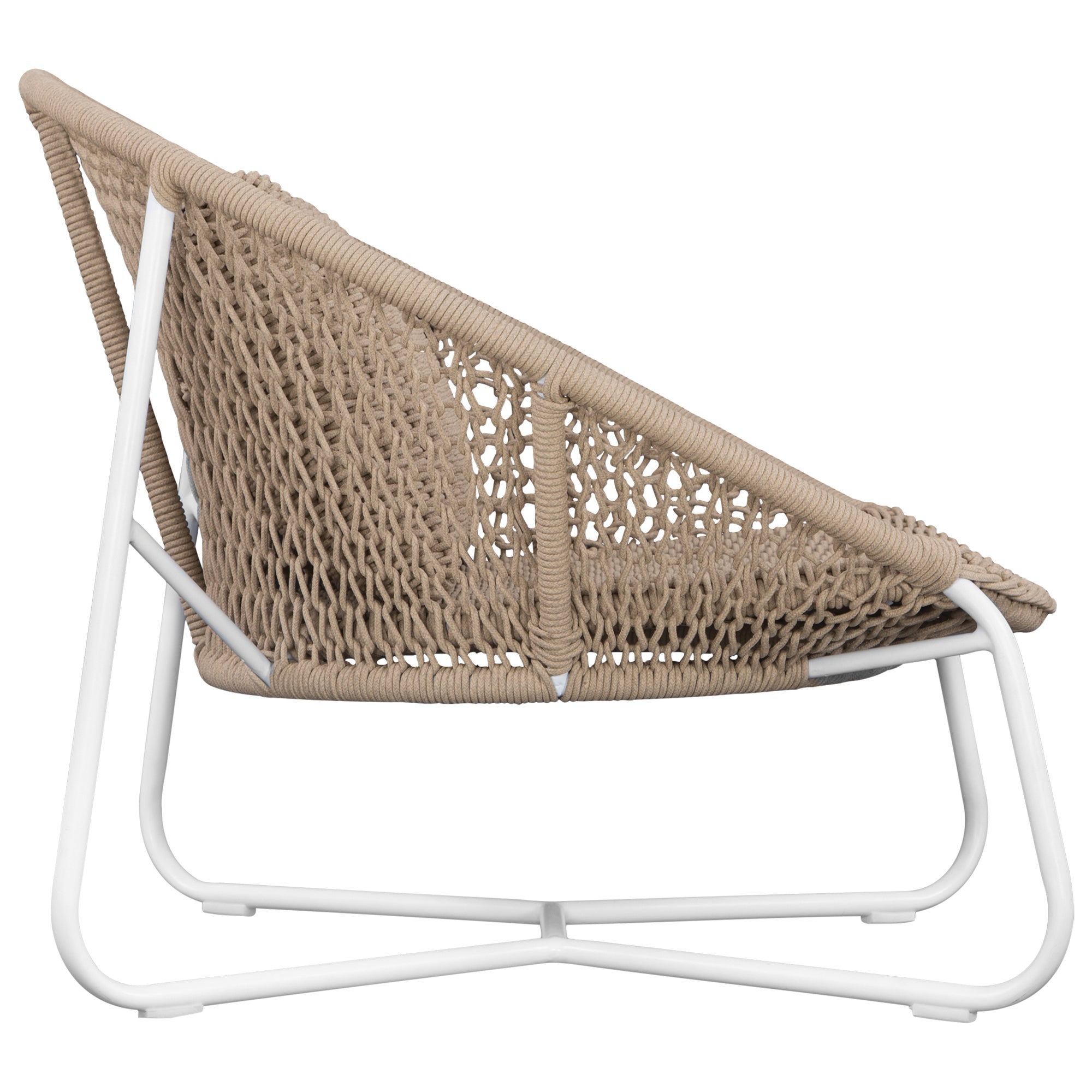 Round woven lounge chair in natural with matching natural cushion, featuring a curved metal base for modern and stylish outdoor or indoor seating. Durable and comfortable design perfect for relaxed lounging