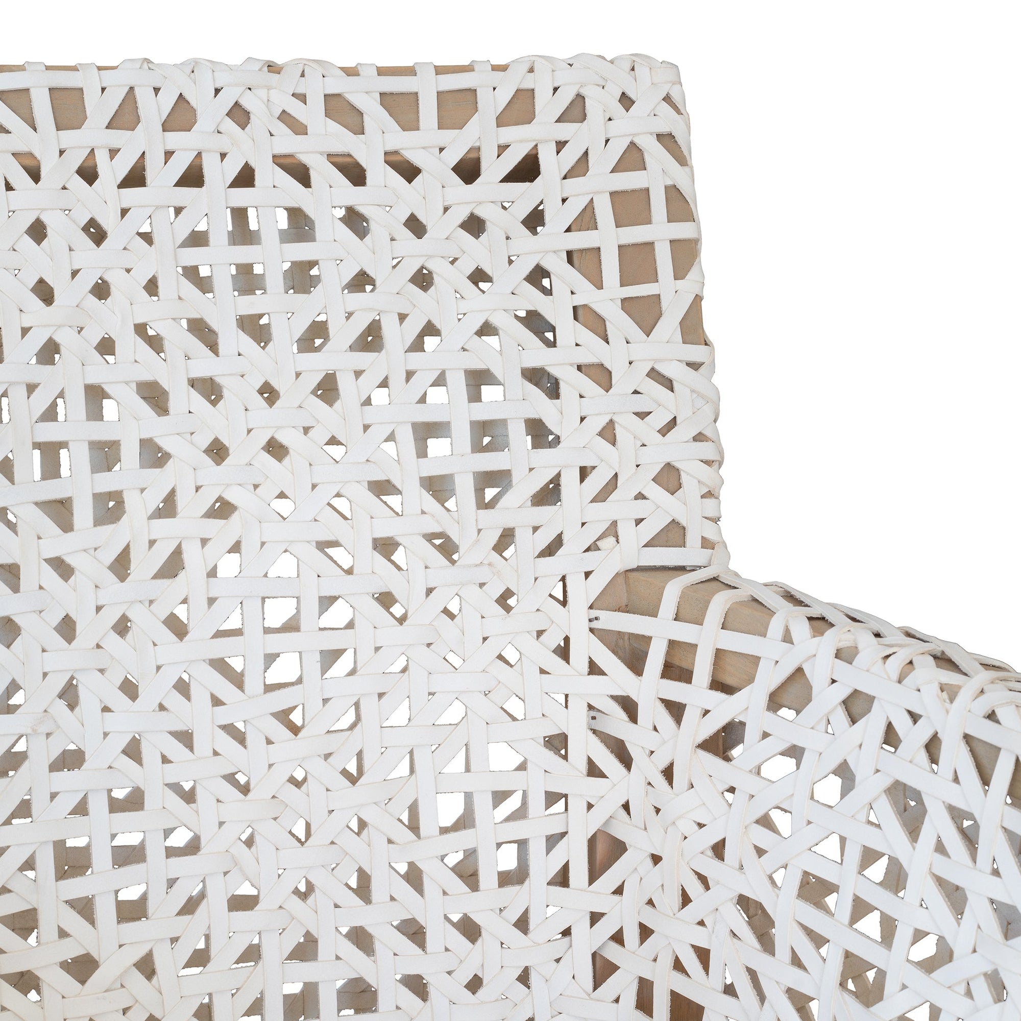 Woven leather armchair with natural wood frame, showcasing intricate handwoven craftsmanship and earthy, relaxed style