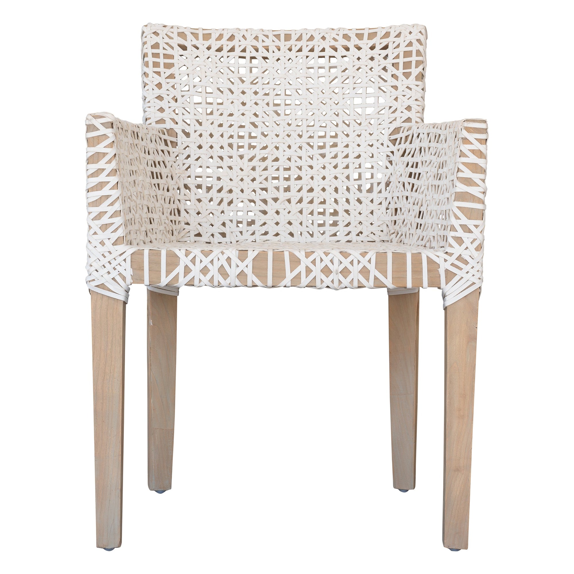 Woven leather armchair with natural wood frame, showcasing intricate handwoven craftsmanship and earthy, relaxed style