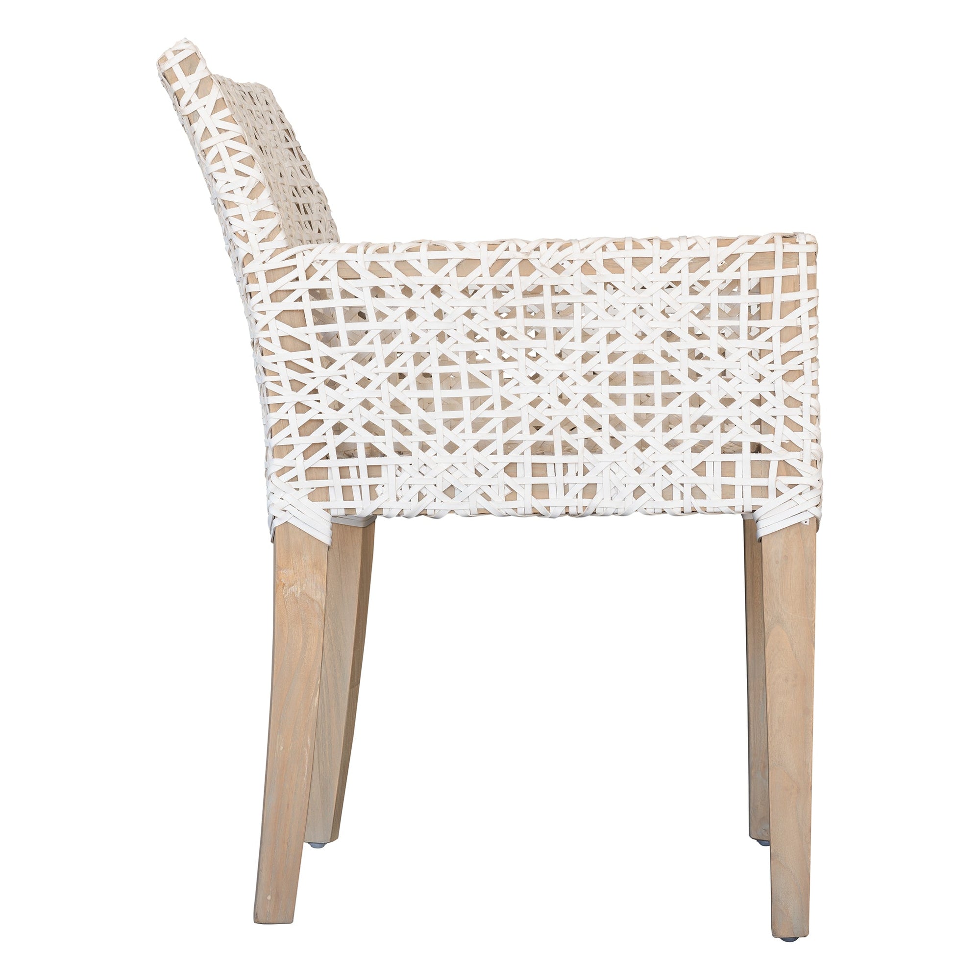 Woven leather armchair with natural wood frame, showcasing intricate handwoven craftsmanship and earthy, relaxed style