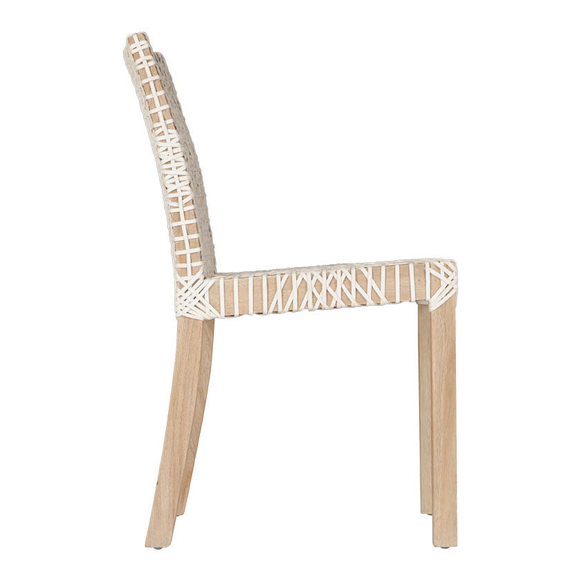 Woven leather armchair with natural wood frame, showcasing intricate handwoven craftsmanship and earthy, relaxed style