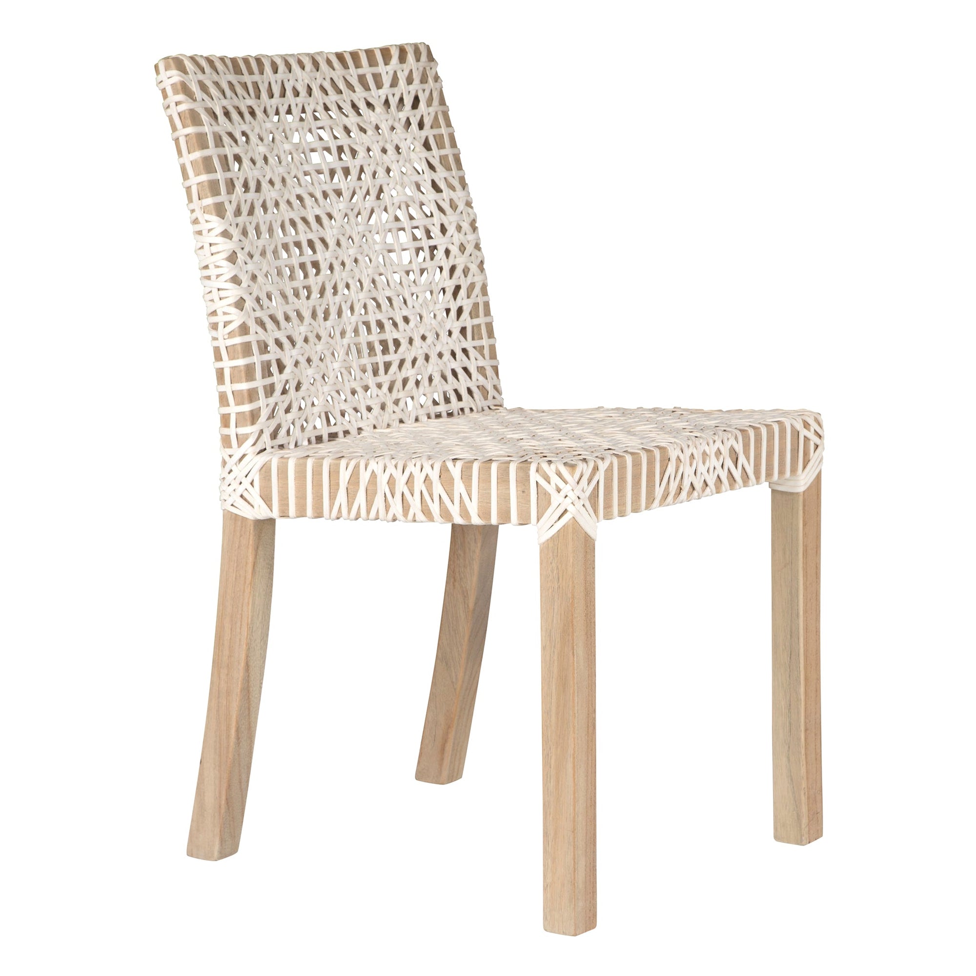 Woven leather armchair with natural wood frame, showcasing intricate handwoven craftsmanship and earthy, relaxed style