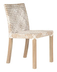 Woven leather armchair with natural wood frame, showcasing intricate handwoven craftsmanship and earthy, relaxed style