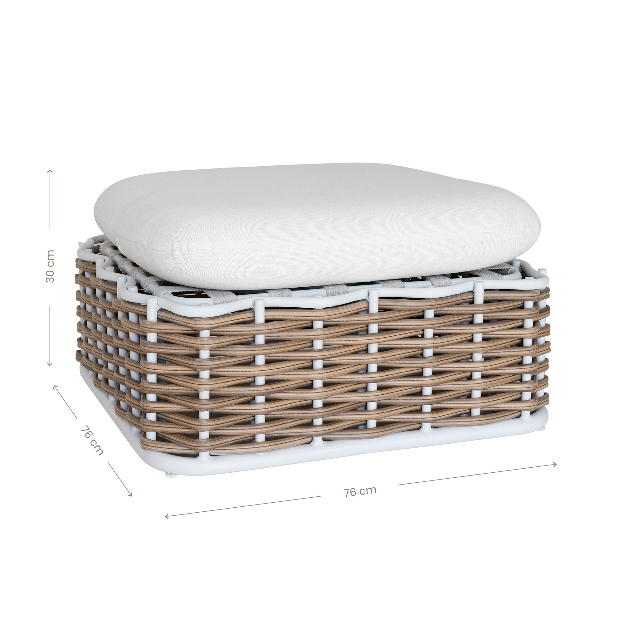 Stylish outdoor rattan ottoman with white cushions, perfect for creating a comfortable and modern alfresco space