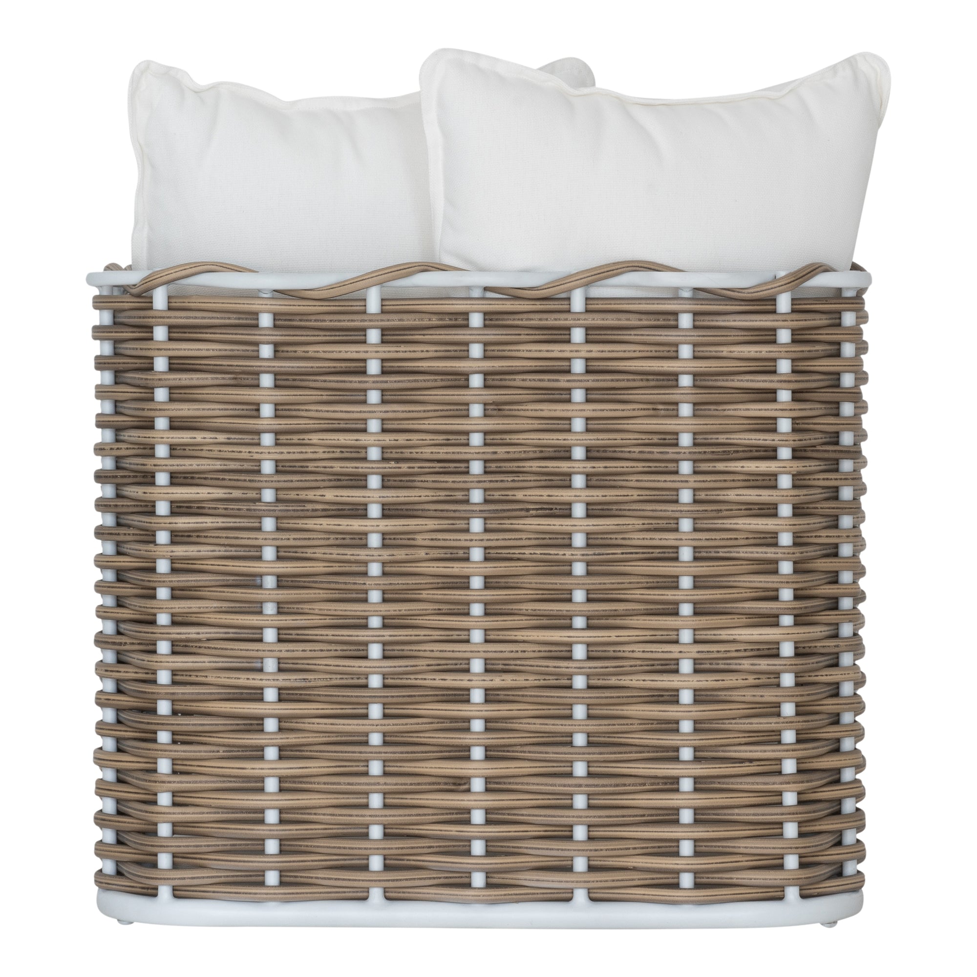 Stylish outdoor rattan one seat sofa with white cushions, perfect for creating a comfortable and modern alfresco space