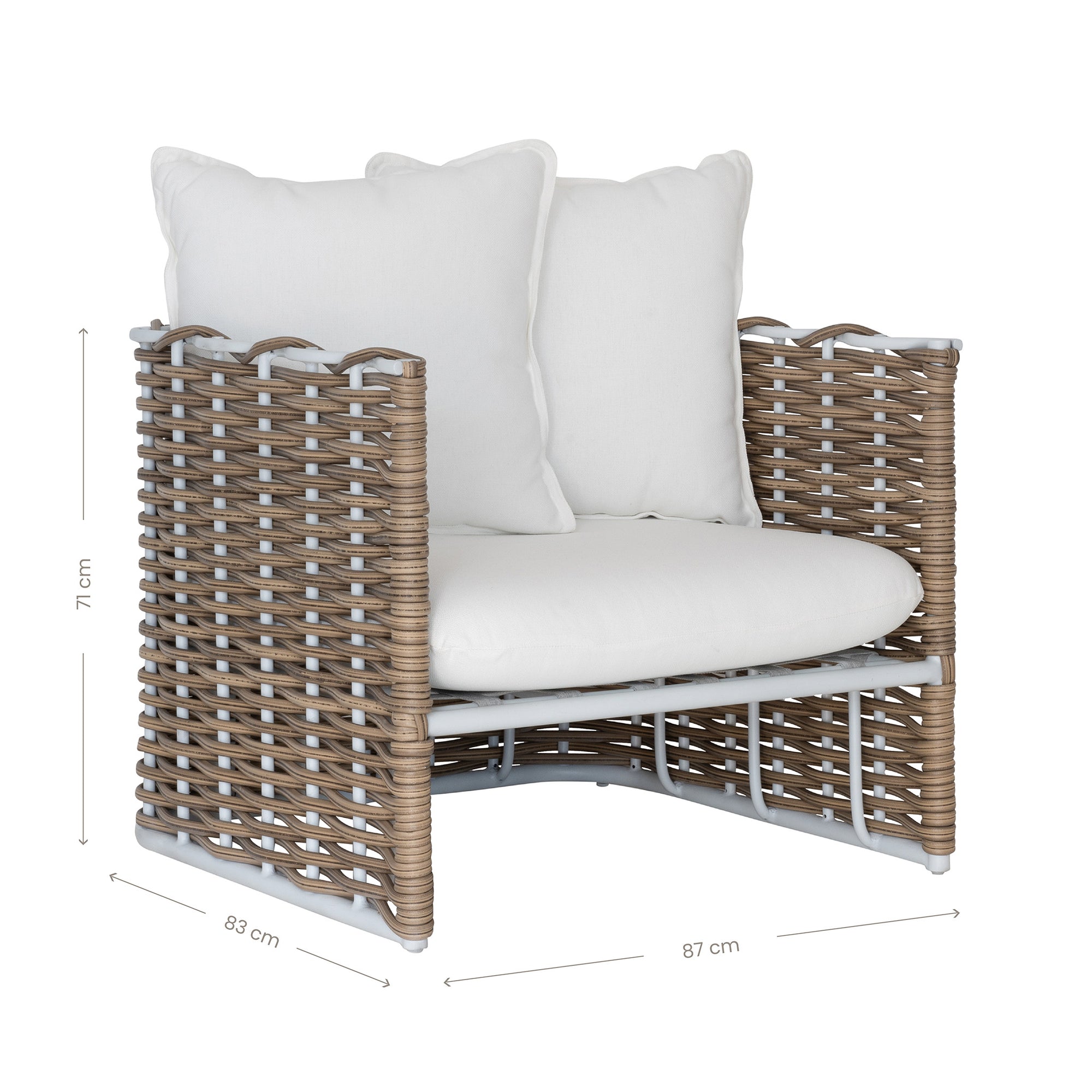 Stylish outdoor rattan one seat sofa with white cushions, perfect for creating a comfortable and modern alfresco space