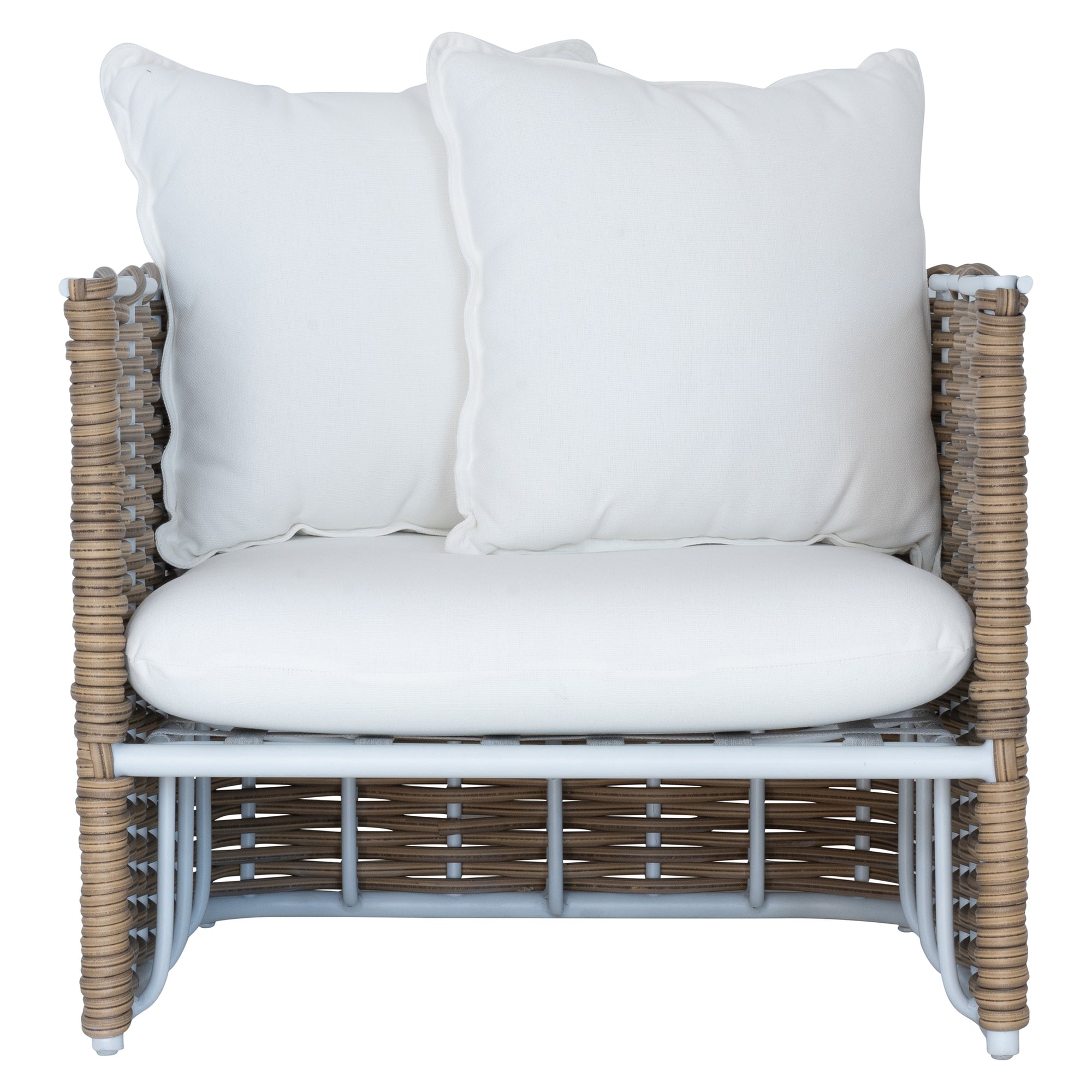 Stylish outdoor rattan one seat sofa with white cushions, perfect for creating a comfortable and modern alfresco space