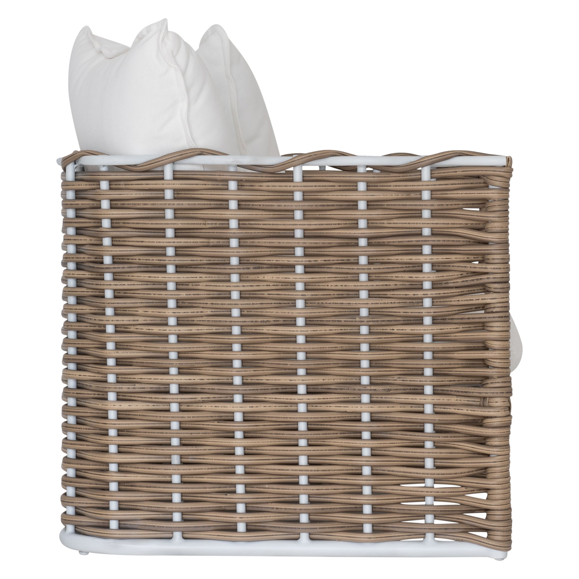 Stylish outdoor rattan one seat sofa with white cushions, perfect for creating a comfortable and modern alfresco space