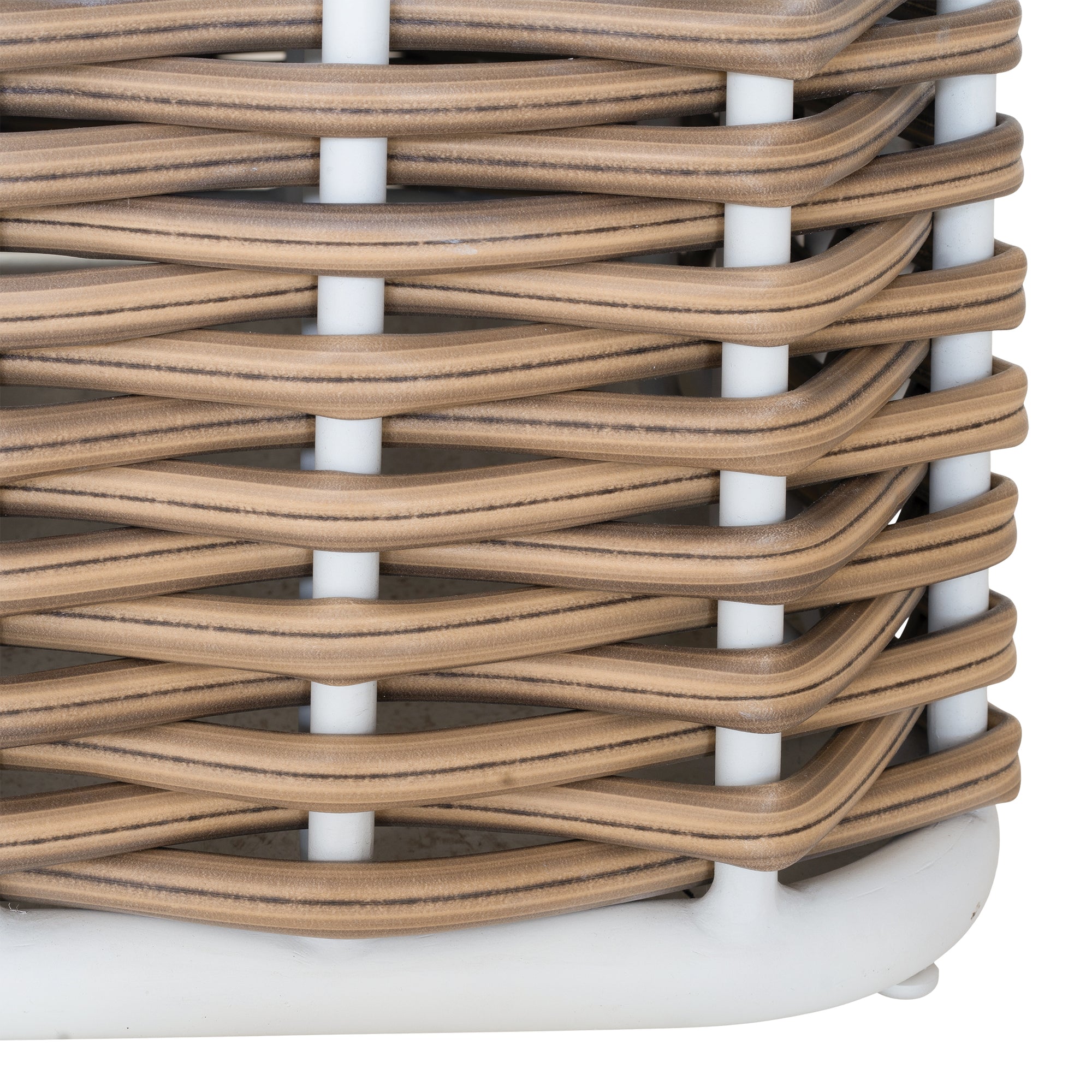 Stylish outdoor rattan ottoman with white cushions, perfect for creating a comfortable and modern alfresco space
