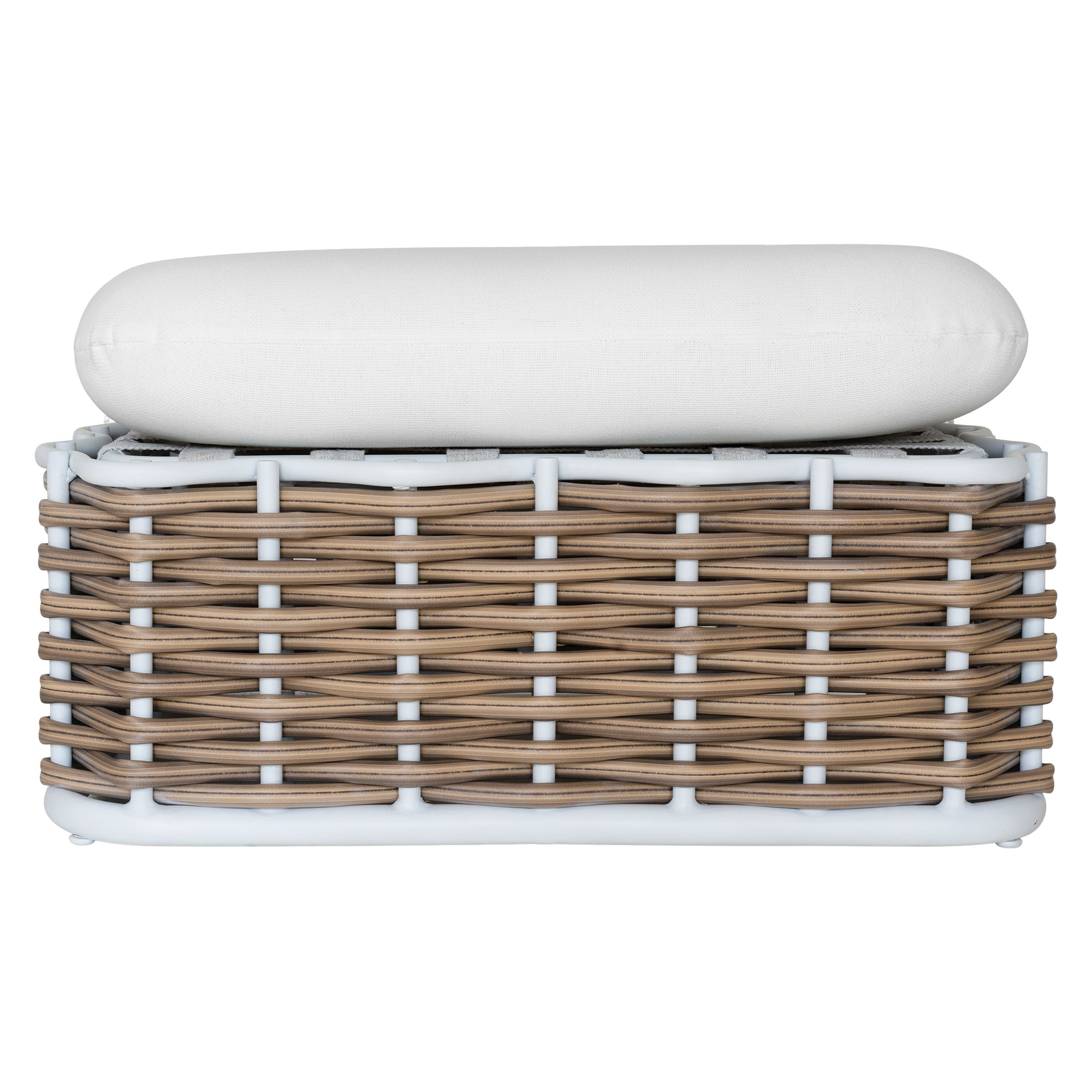 Stylish outdoor rattan ottoman with white cushions, perfect for creating a comfortable and modern alfresco space