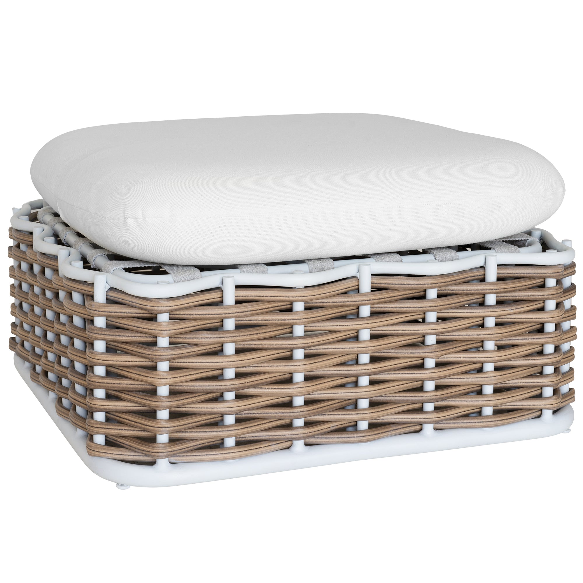 Stylish outdoor rattan ottoman with white cushions, perfect for creating a comfortable and modern alfresco space