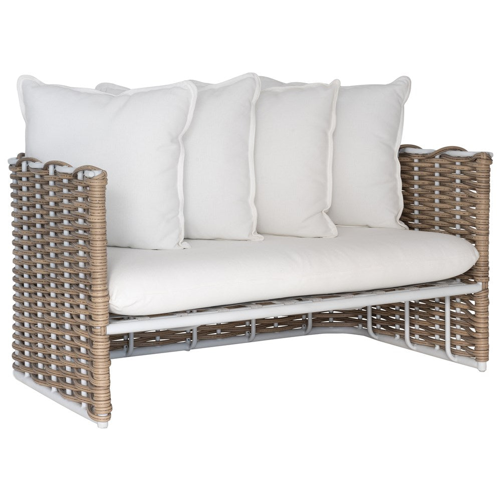 Stylish outdoor rattan three seat sofa with white cushions, perfect for creating a comfortable and modern alfresco space
