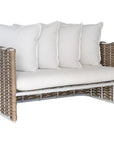 Stylish outdoor rattan three seat sofa with white cushions, perfect for creating a comfortable and modern alfresco space