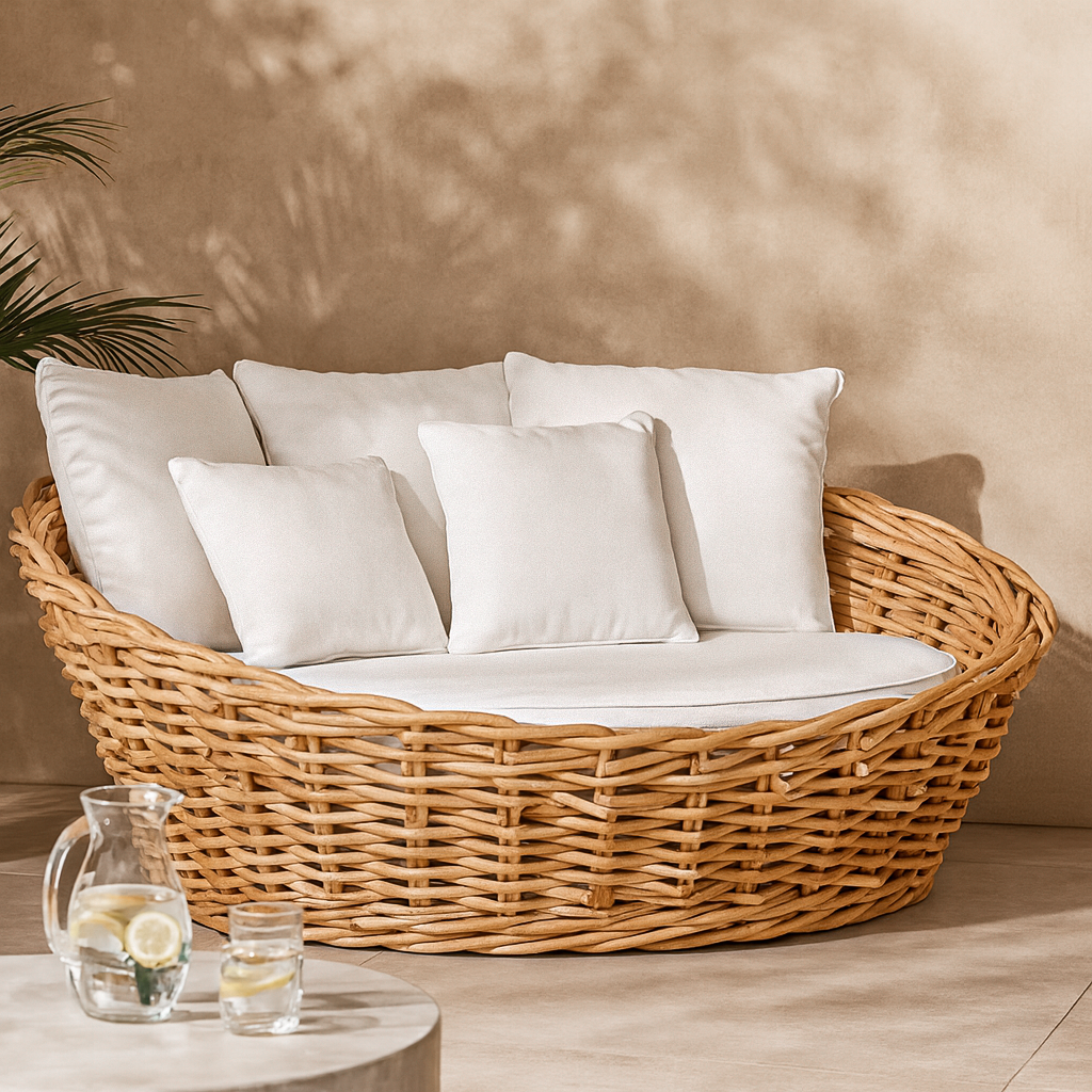 Zambezi Daybed handcrafted from natural rattan with white cushions, styled in an outdoor lounge with warm neutral tones and soft sunlight