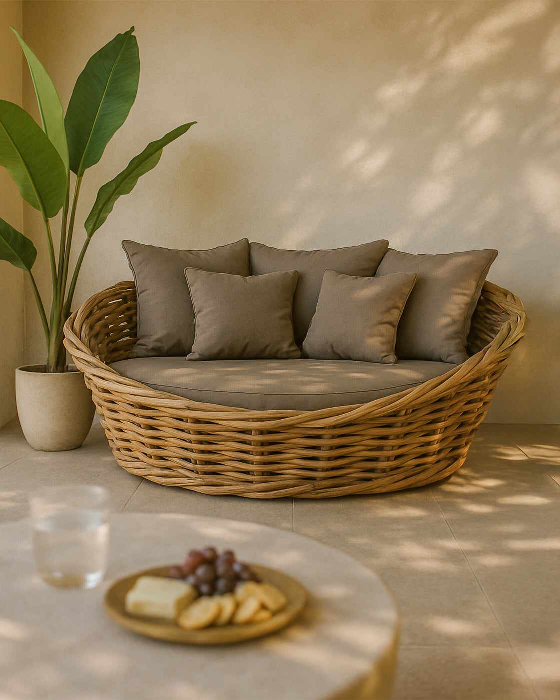 Zambezi Daybed handcrafted from natural rattan with taupe cushions, styled in an outdoor lounge with soft natural light, greenery, and a stone coffee table
