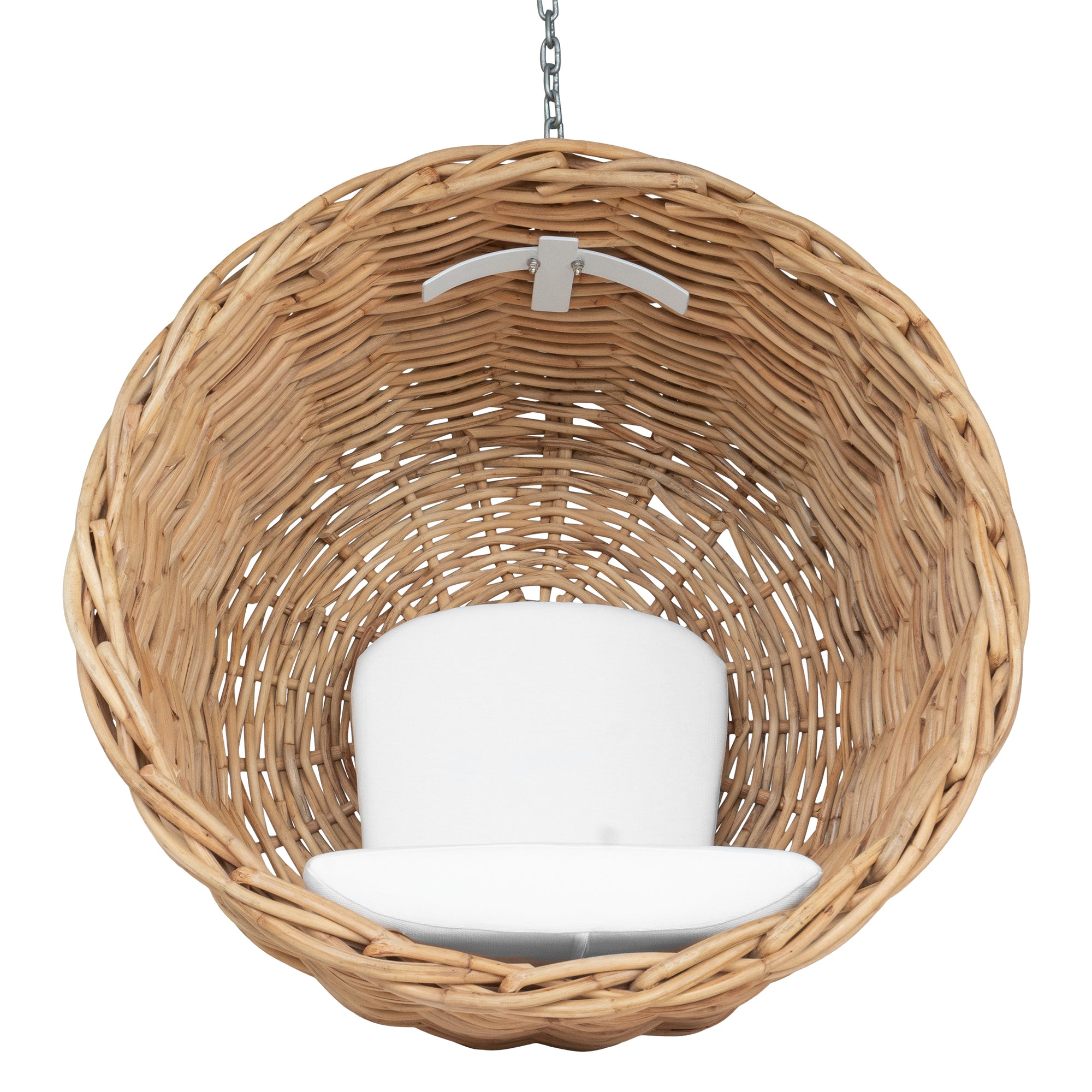 Natural wicker hanging egg chair with white cushion, suspended by a metal chain, perfect for indoor or outdoor relaxation
