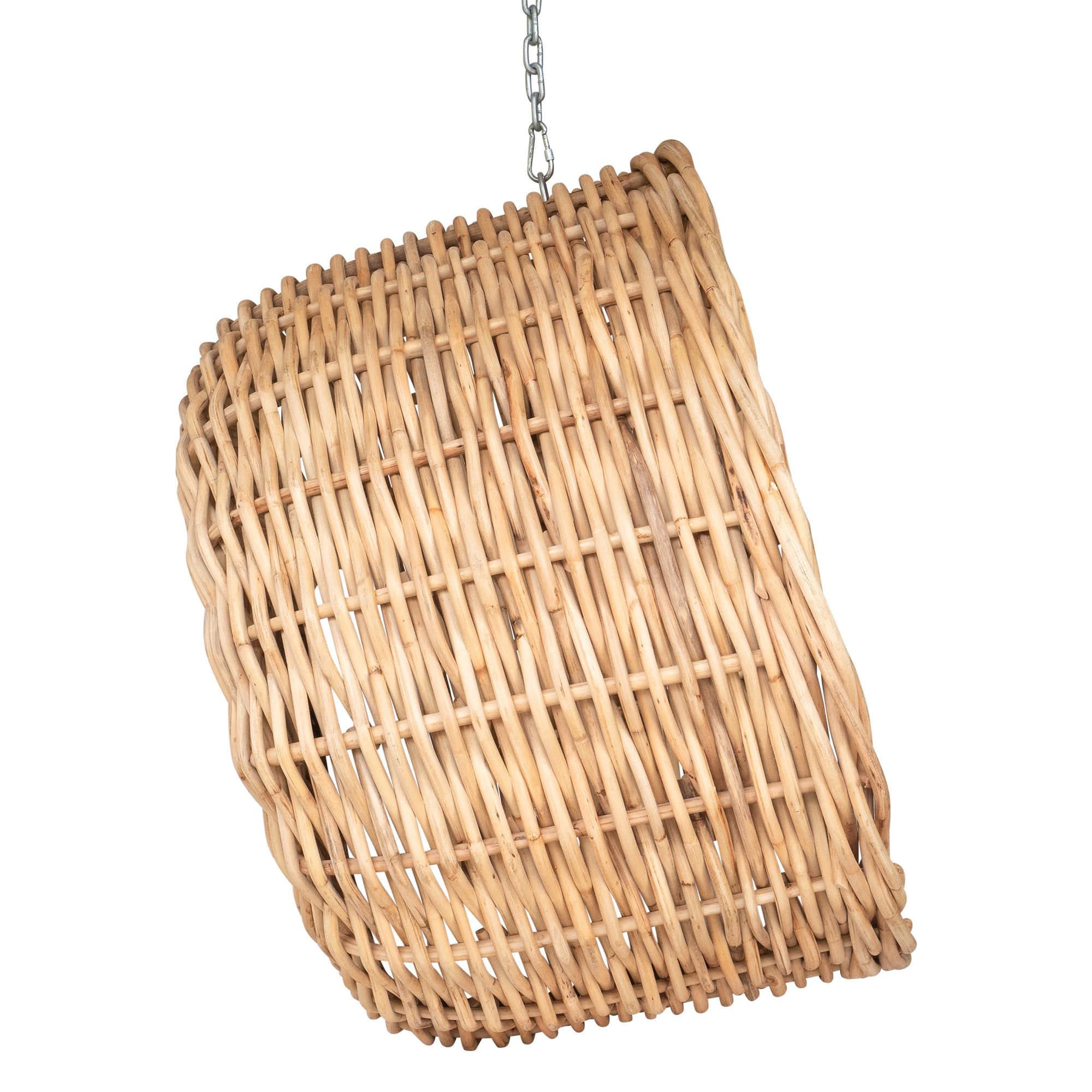 Natural wicker hanging egg chair with white cushion, suspended by a metal chain, perfect for indoor or outdoor relaxation