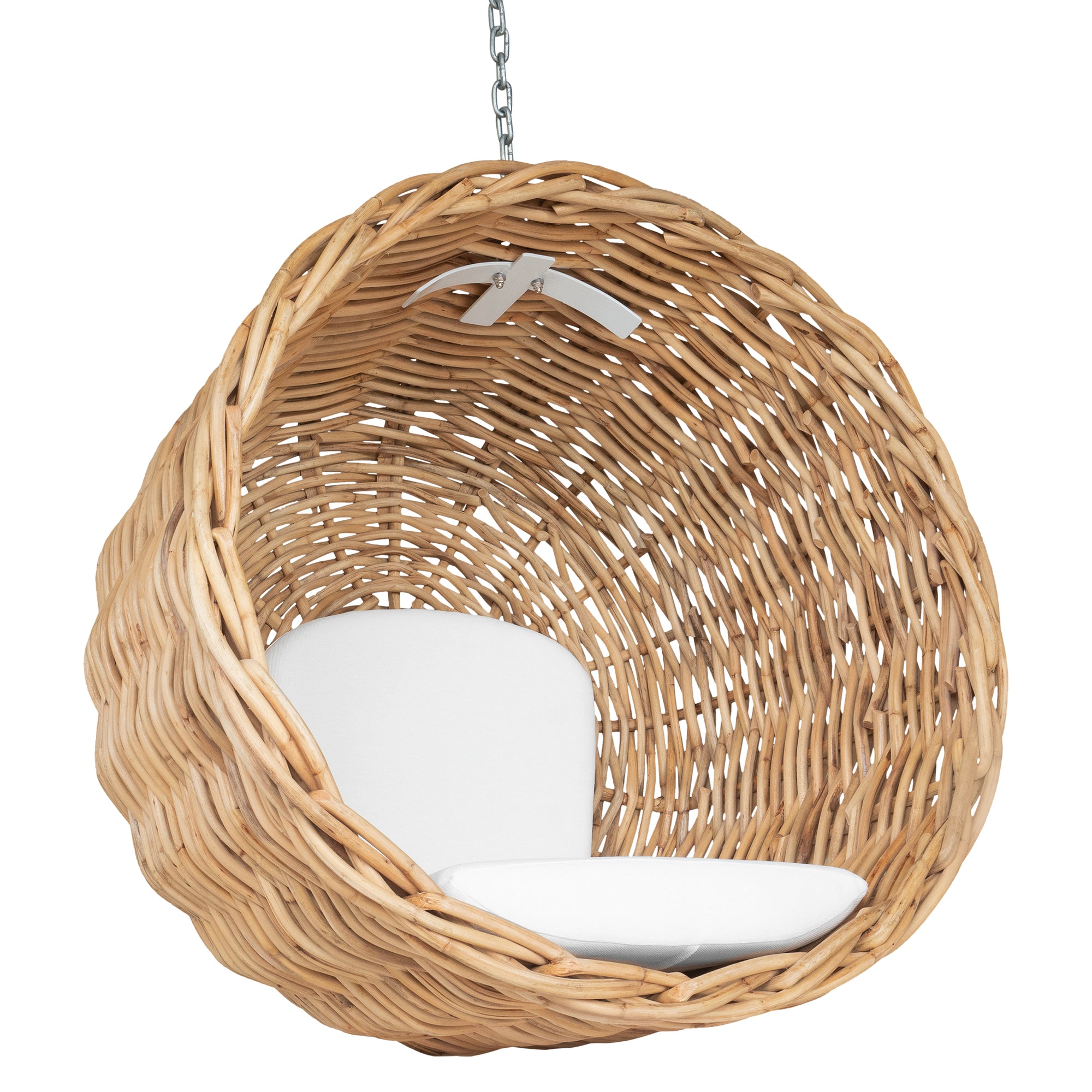 Natural wicker hanging egg chair with white cushion, suspended by a metal chain, perfect for indoor or outdoor relaxation