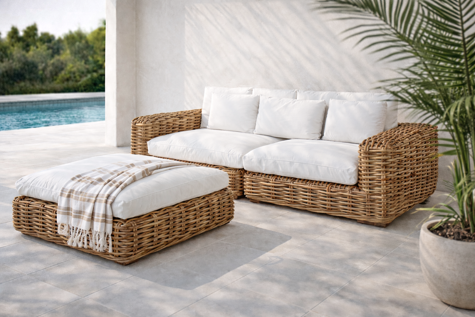 Zambezi rattan sofa and ottoman with white cushions styled poolside in a mediterranean outdoor setting with soft natural light