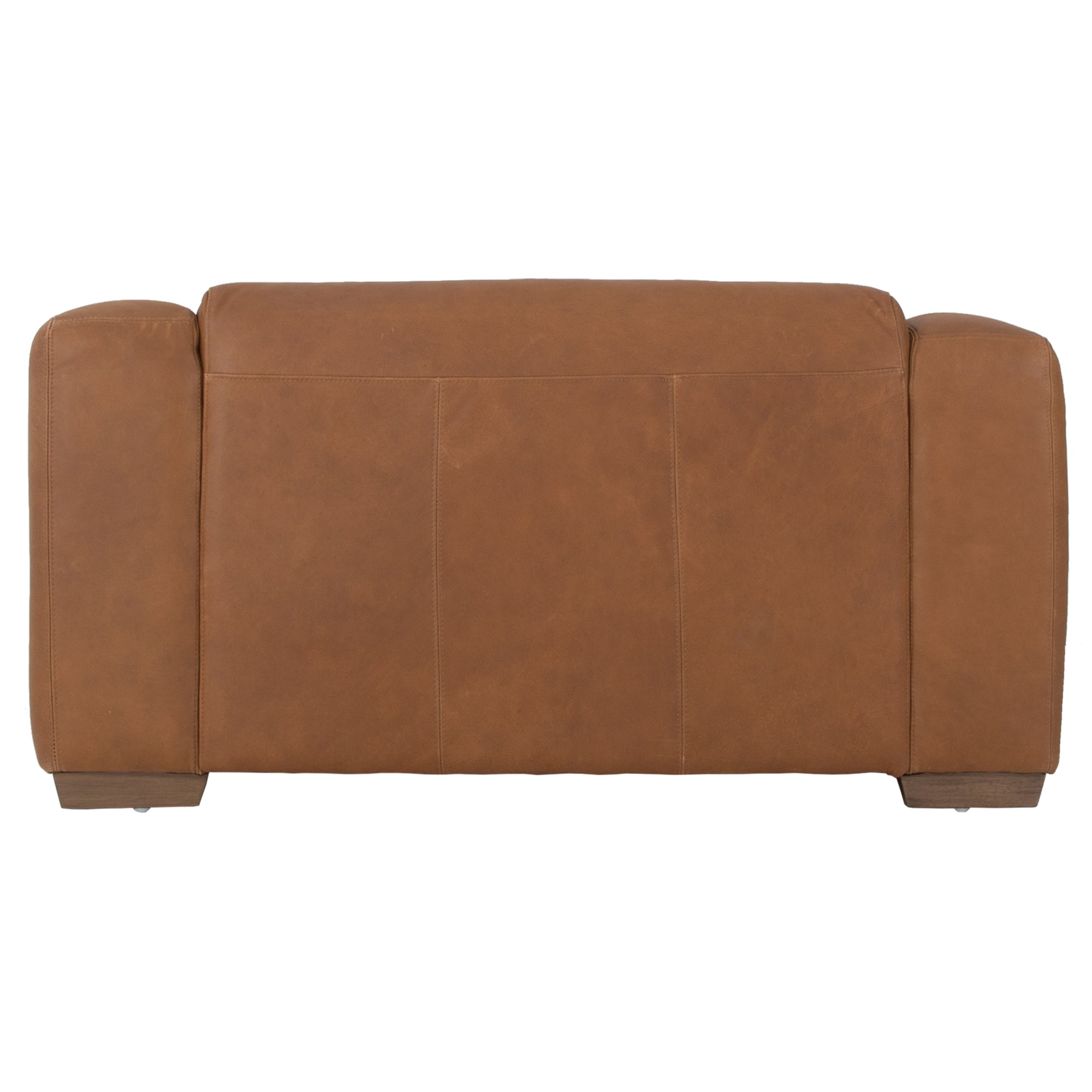 Modern leather upholstered armchair with soft, rounded cushions and light wooden legs