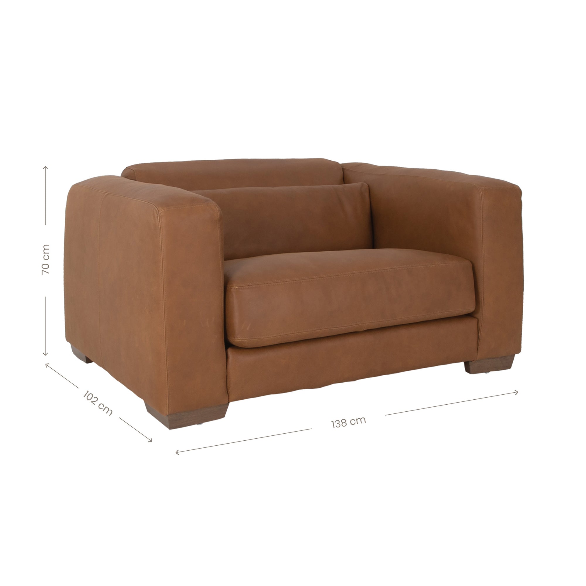 Modern leather upholstered armchair with soft, rounded cushions and light wooden legs
