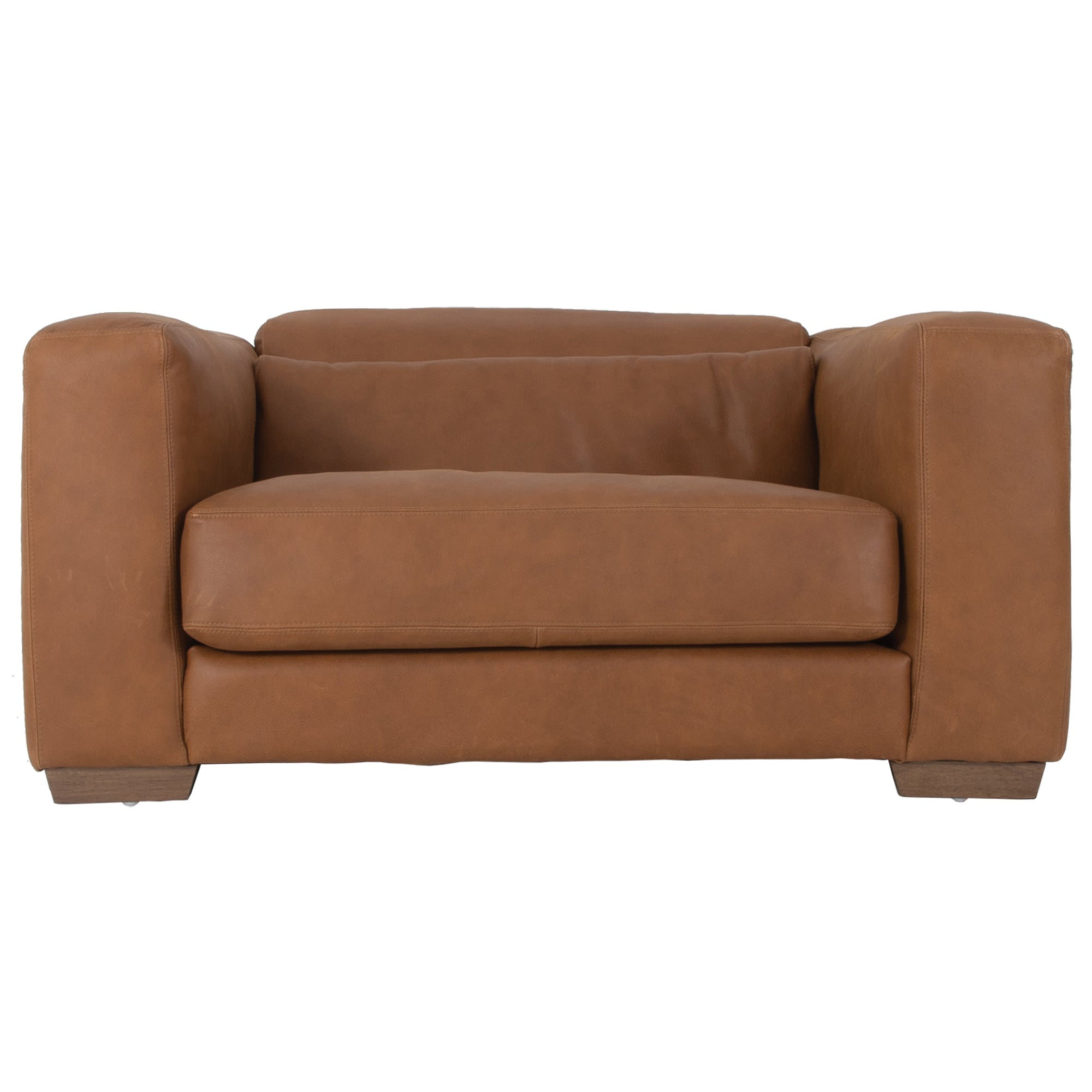 Modern leather upholstered armchair with soft, rounded cushions and light wooden legs