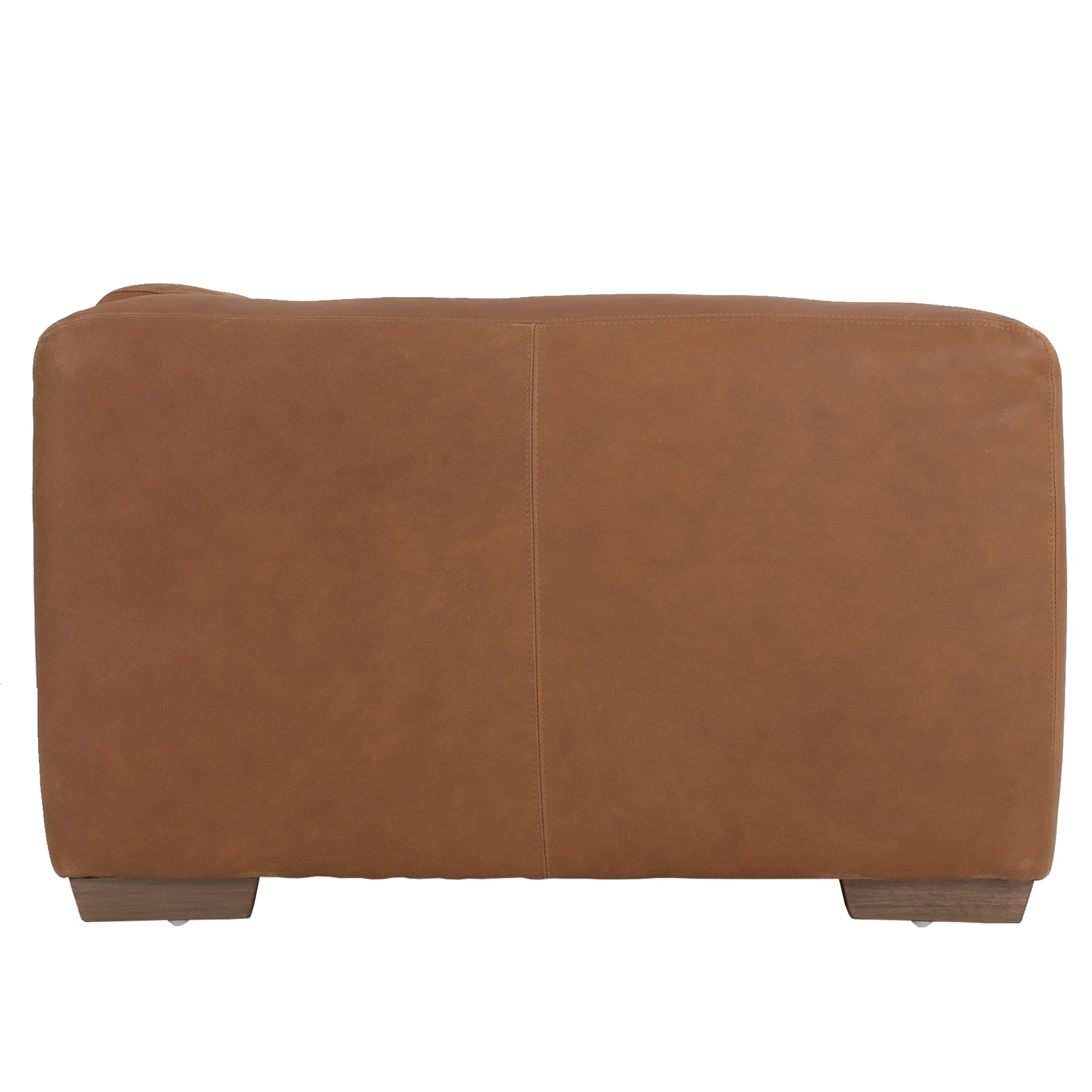 Modern leather upholstered armchair with soft, rounded cushions and light wooden legs