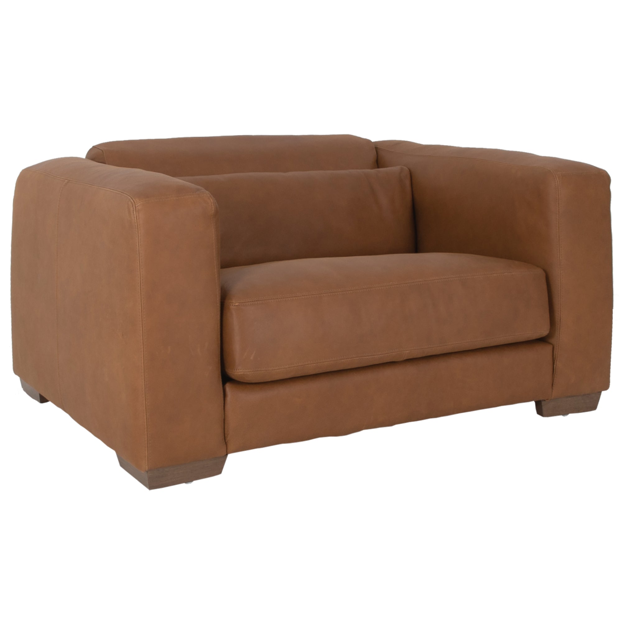 Modern leather upholstered armchair with soft, rounded cushions and light wooden legs